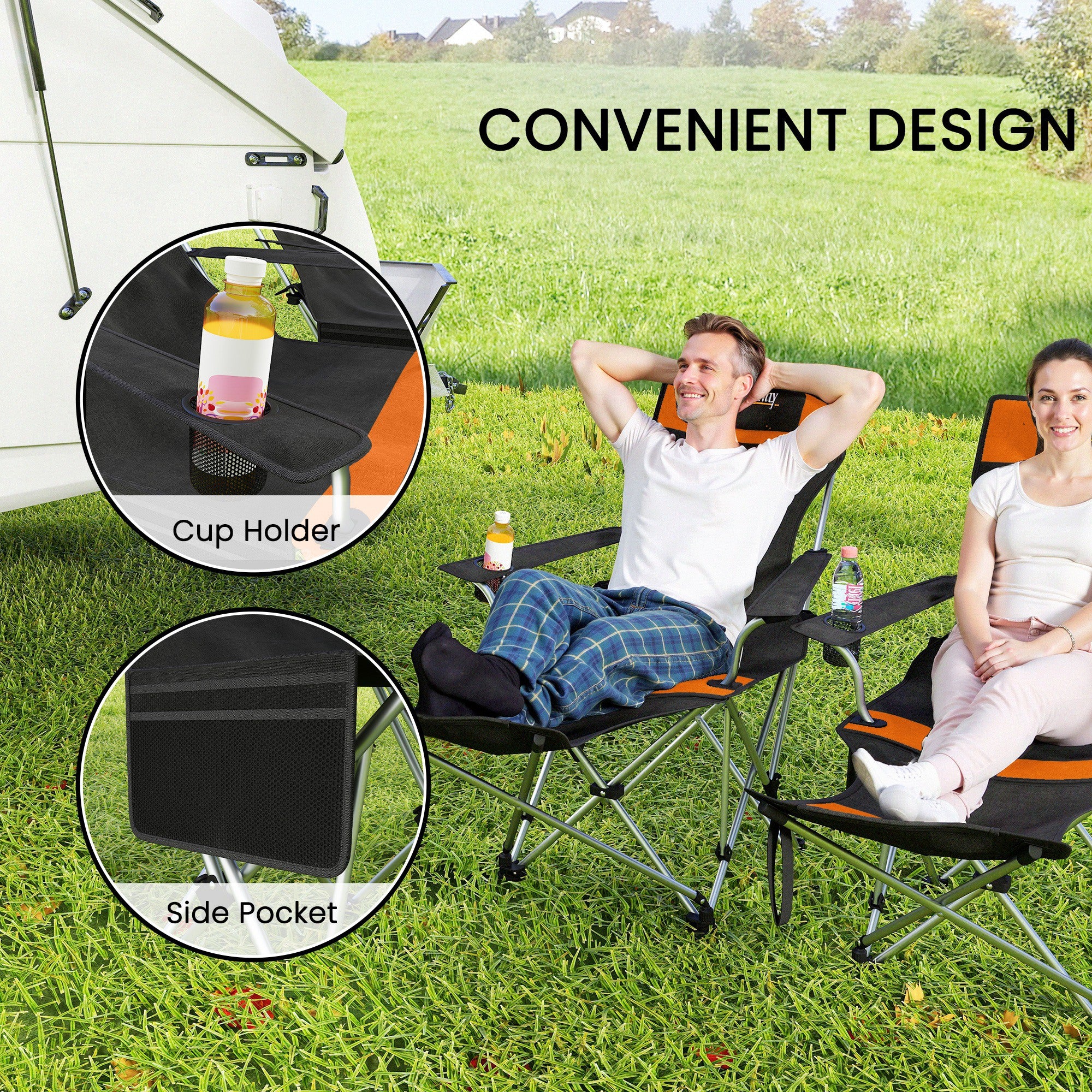 2-Pack Folding Camping Chair / Fishing Recliner with Removable Footrest, Cup Holder & Padded Headrest — Garden, Beach & Camping Chair (Holds up to 265 lb)