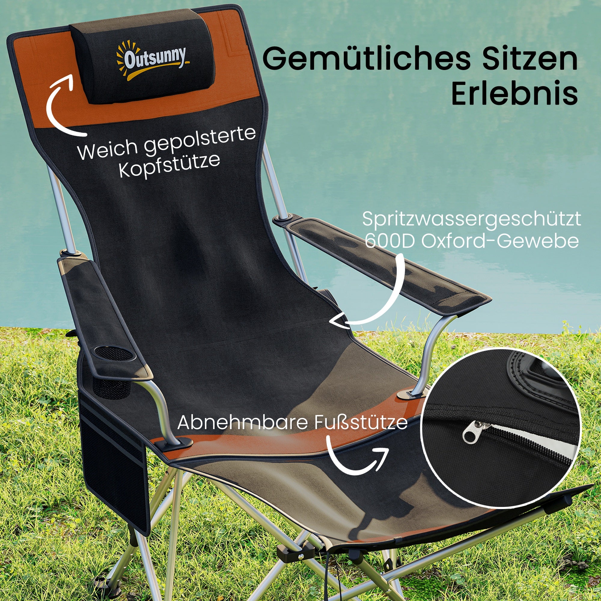 2-Pack Folding Camping Chair / Fishing Recliner with Removable Footrest, Cup Holder & Padded Headrest — Garden, Beach & Camping Chair (Holds up to 265 lb)