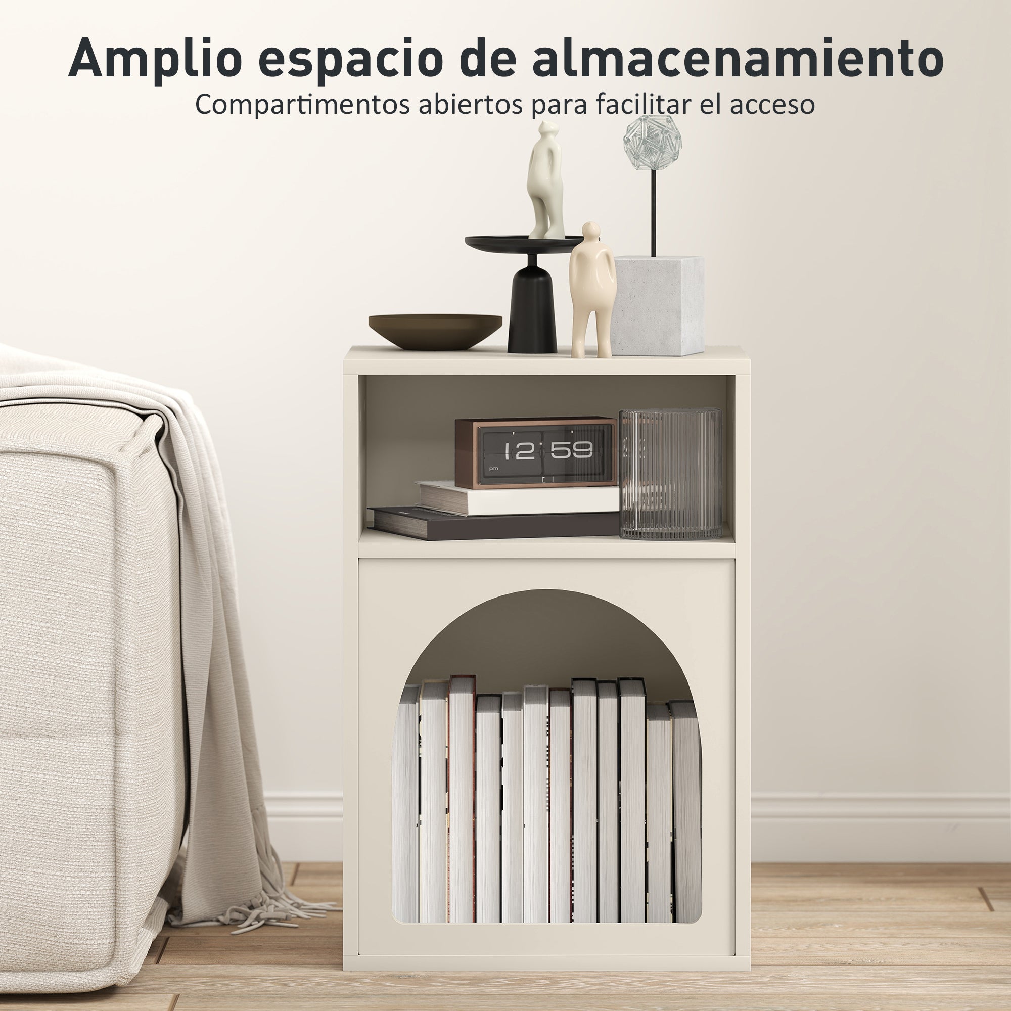 Modern Bedside Table Narrow Nightstand with 2 Open Compartments Arched Design Side Table for Living Room Bedroom 40x30x60 cm Cream