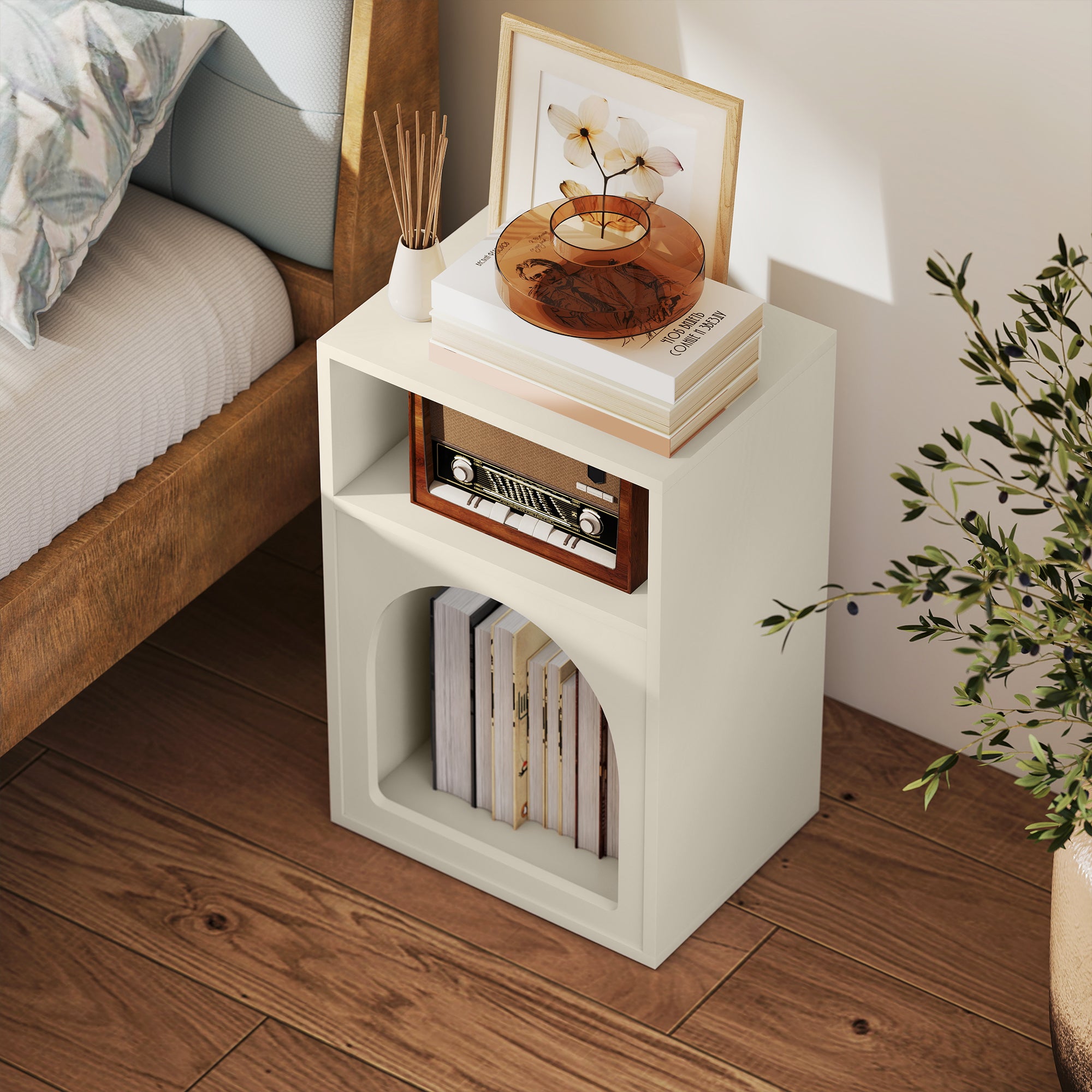 Modern Bedside Table Narrow Nightstand with 2 Open Compartments Arched Design Side Table for Living Room Bedroom 40x30x60 cm Cream