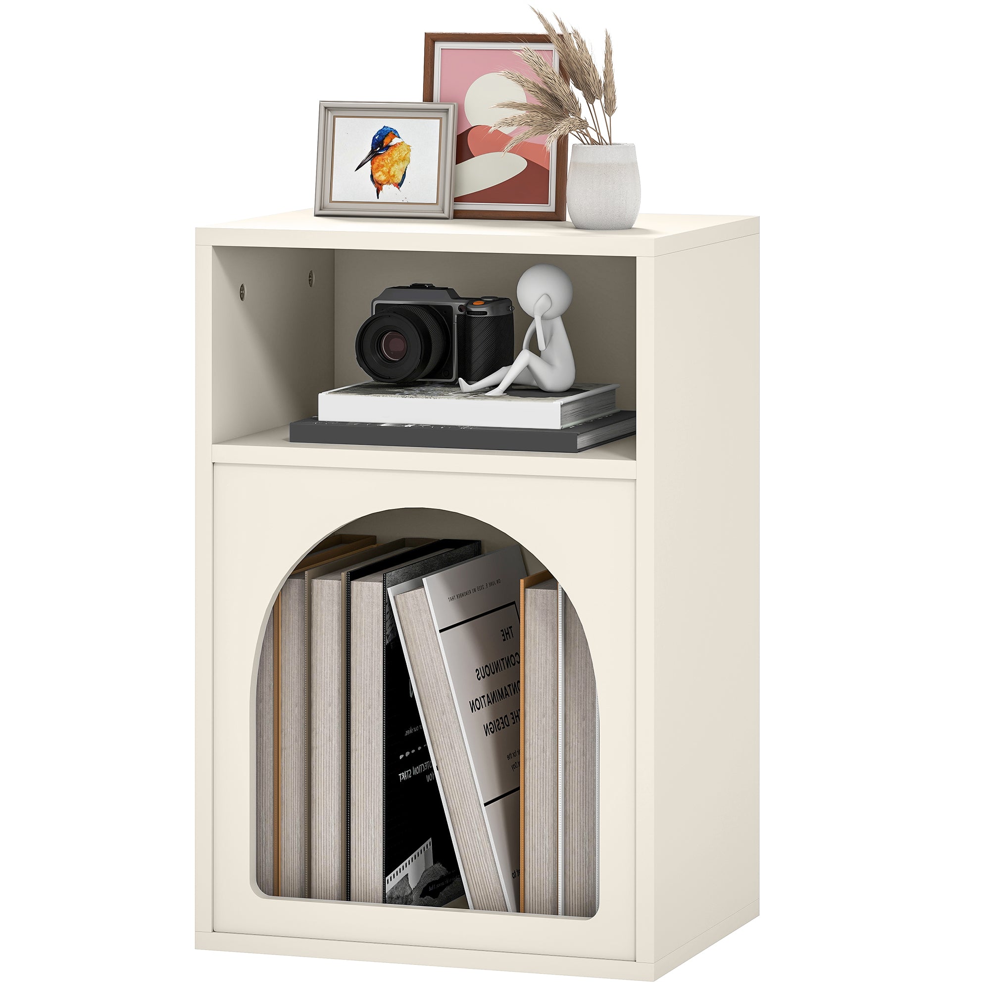 Modern Bedside Table Narrow Nightstand with 2 Open Compartments Arched Design Side Table for Living Room Bedroom 40x30x60 cm Cream
