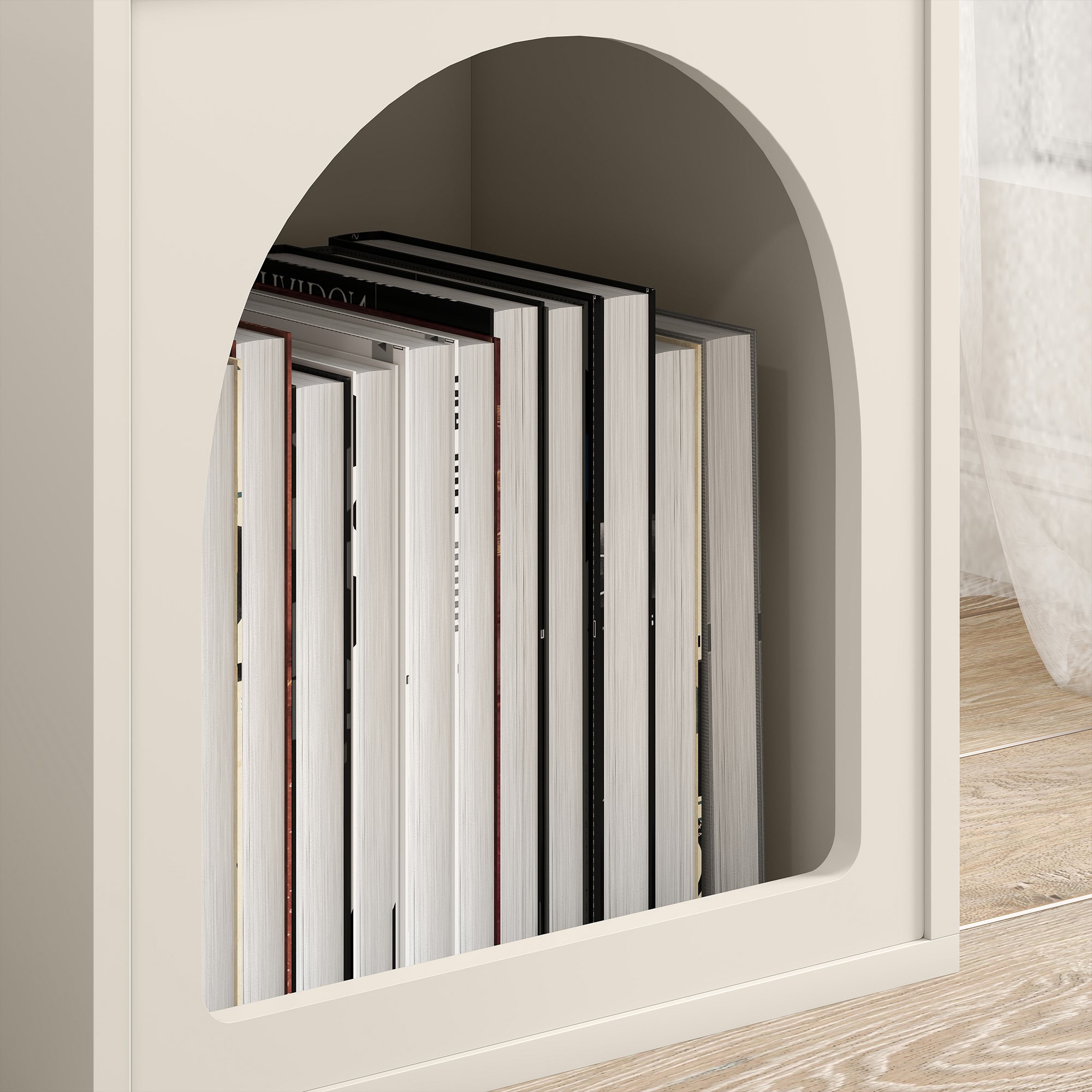 Modern Bedside Table Narrow Nightstand with 2 Open Compartments Arched Design Side Table for Living Room Bedroom 40x30x60 cm Cream