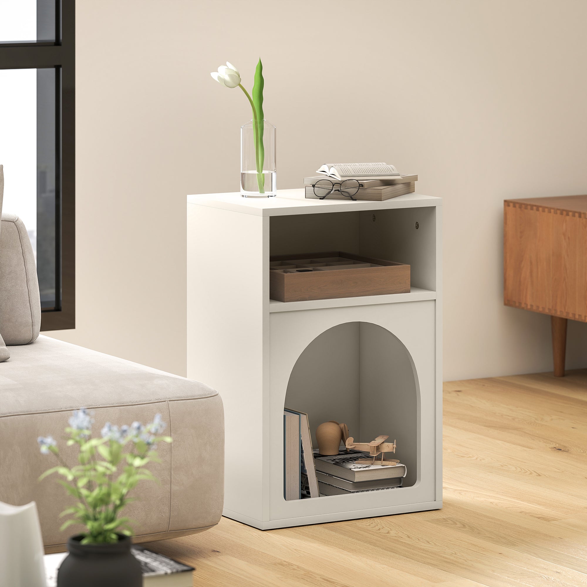 Modern Bedside Table Narrow Nightstand with 2 Open Compartments Arched Design Side Table for Living Room Bedroom 40x30x60 cm Cream