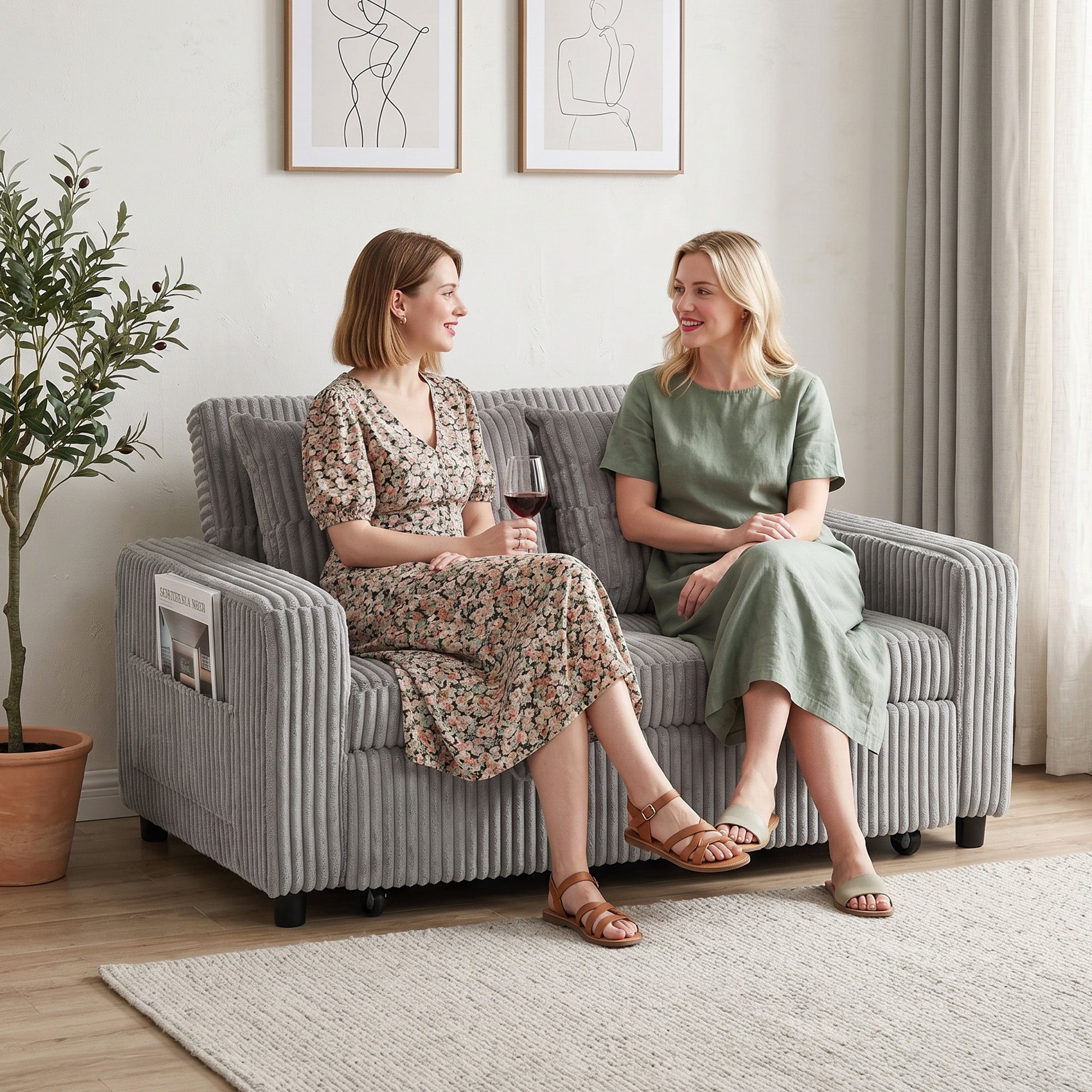 2-Seater Convertible Sofa Bed, Corduroy Upholstery, Light Gray