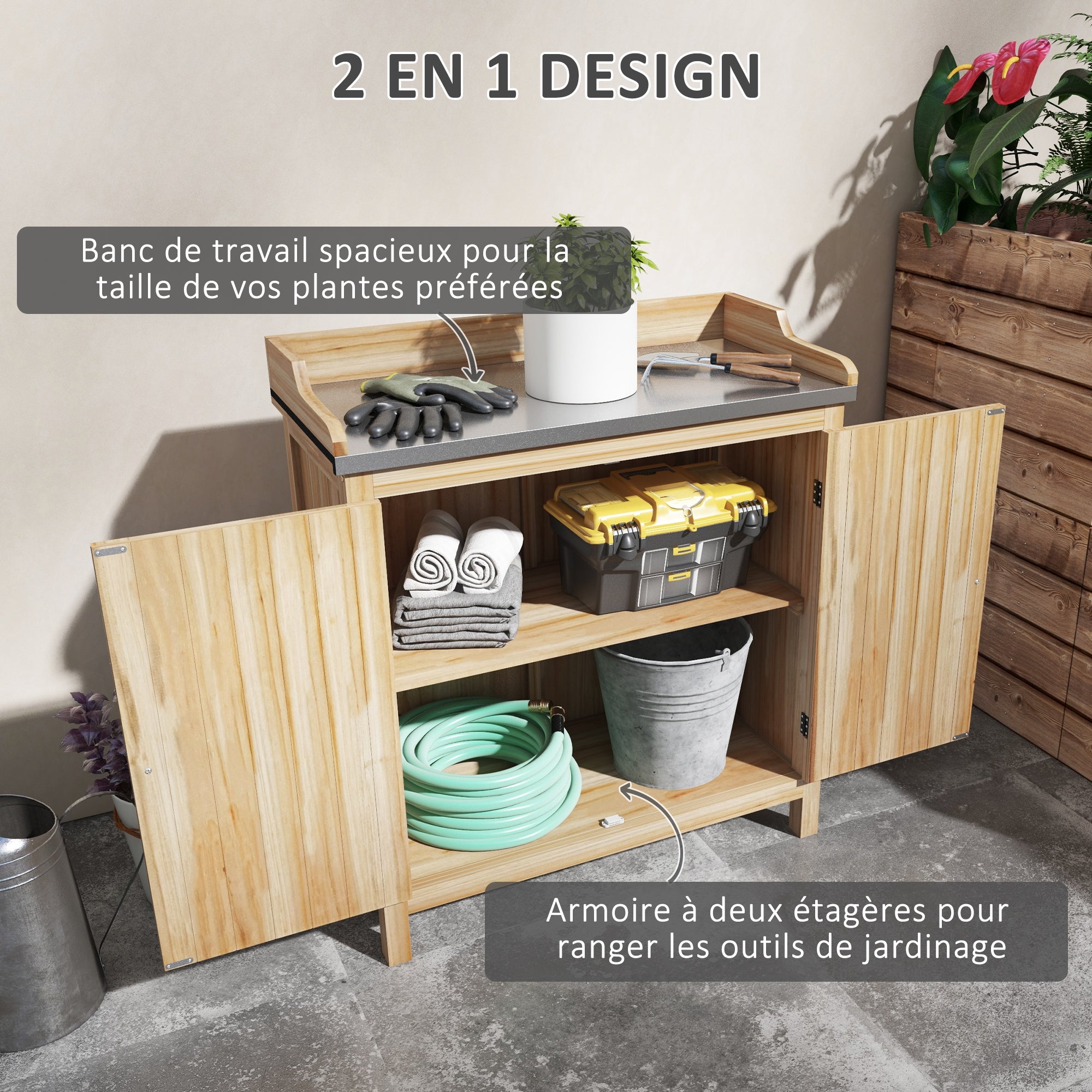 Garden Potting Table with Storage Cabinet and 2 Shelves, Galvanized Worktop, Non-Slip Rubber Feet, Fir Wood