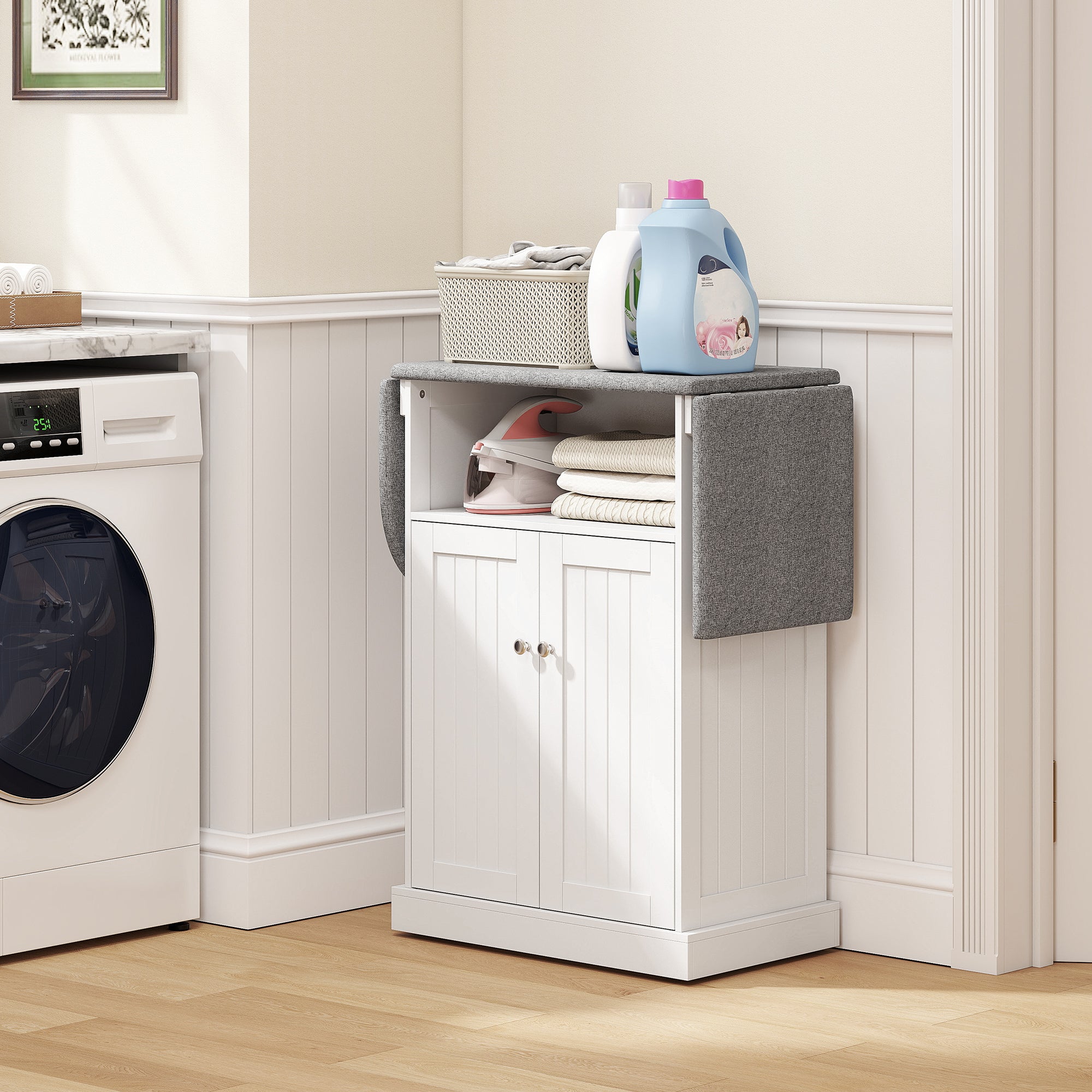 Rolling Ironing Cabinet with Foldable Ironing Board, Open Compartment & Adjustable Shelf — White, 131 x 37 x 89.5 cm