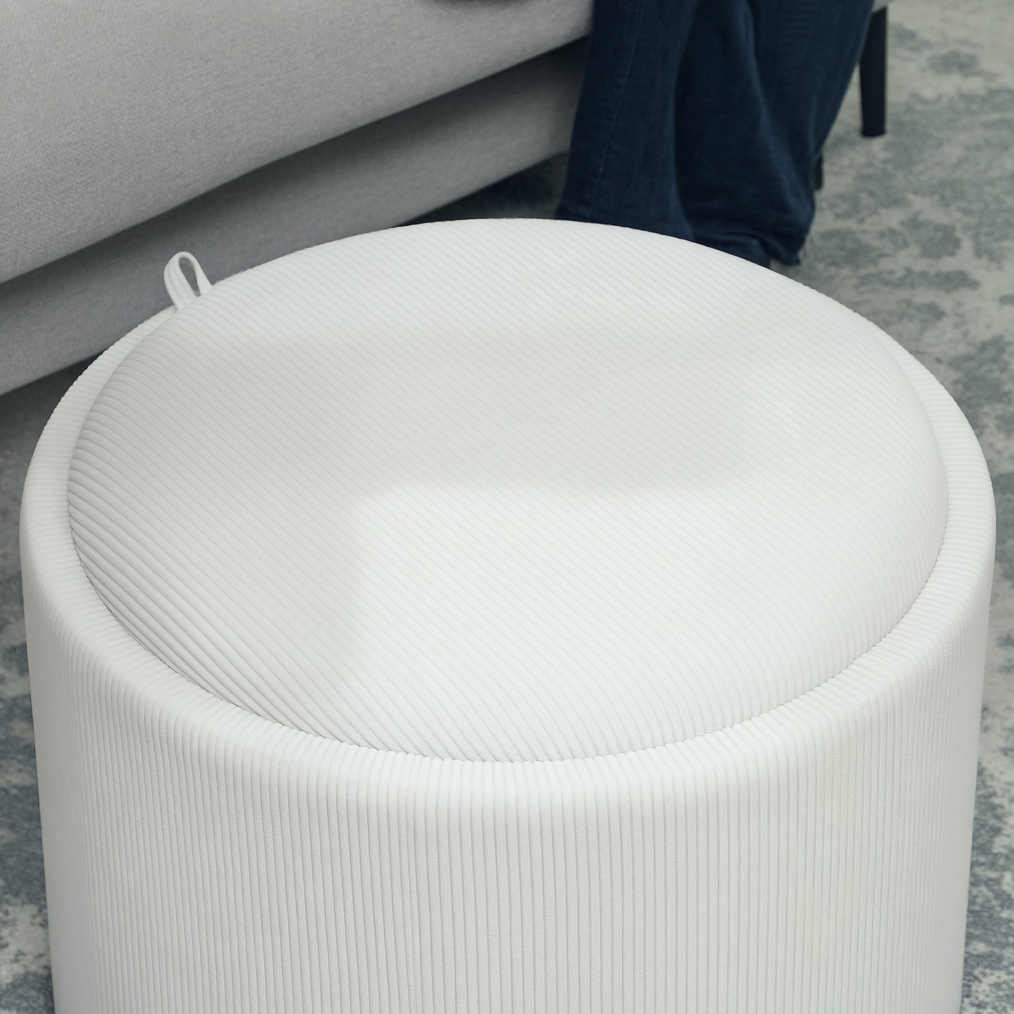Storage Ottoman with Lid, Round Footstool Pouffe with Corduroy Finish 56 x 56 x 42 cm Cream White