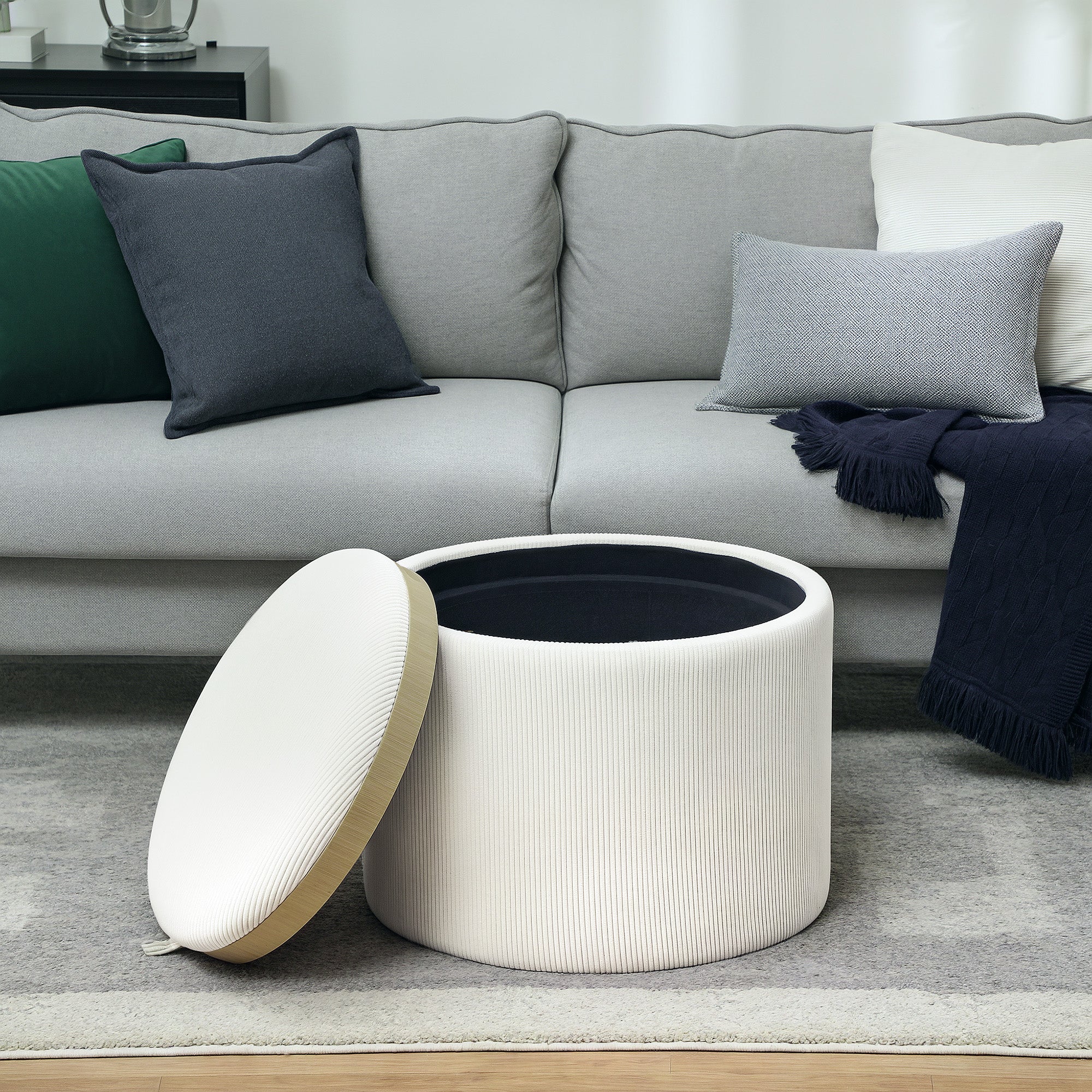 Storage Ottoman with Lid, Round Footstool Pouffe with Corduroy Finish 56 x 56 x 42 cm Cream White