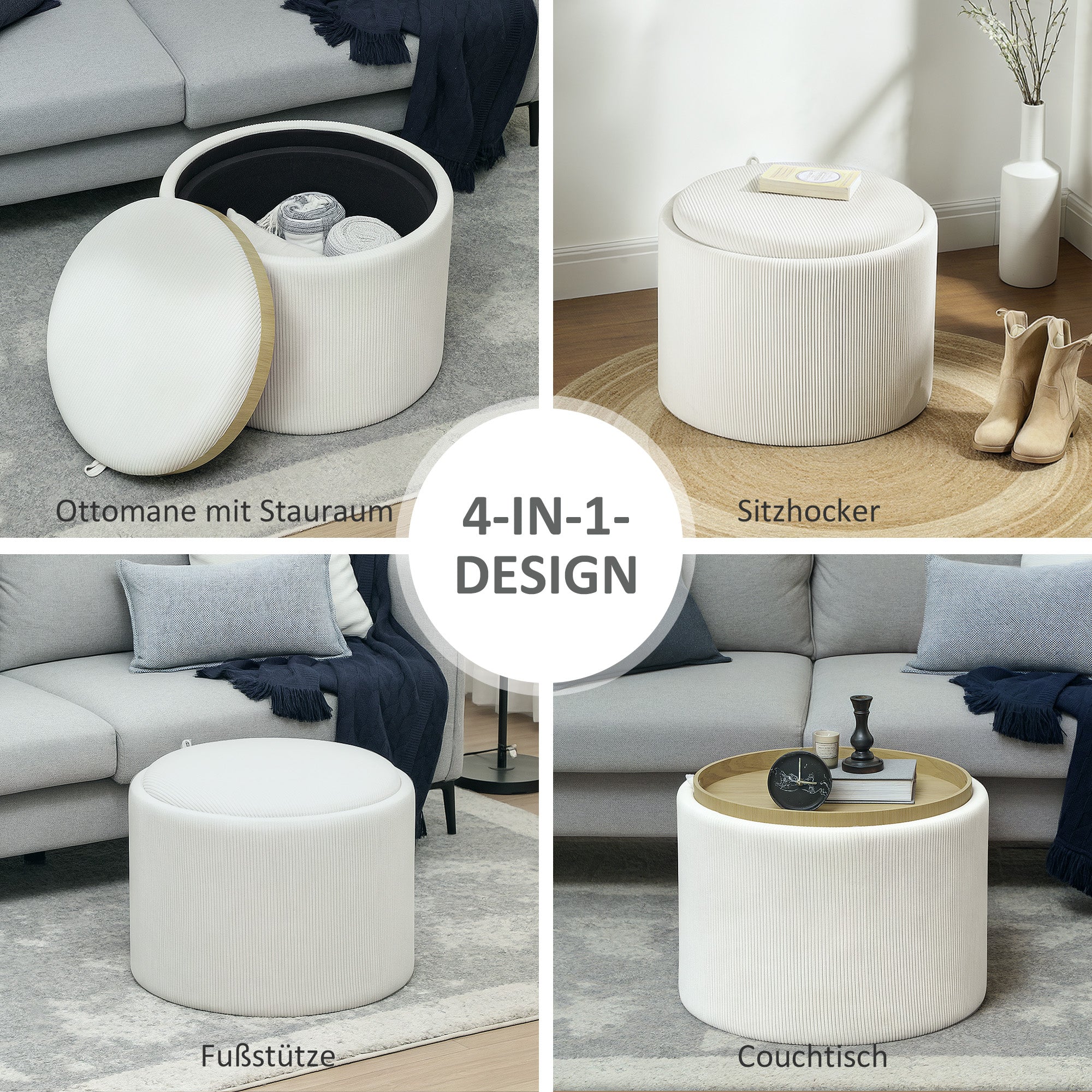 Storage Ottoman with Lid, Round Footstool Pouffe with Corduroy Finish 56 x 56 x 42 cm Cream White