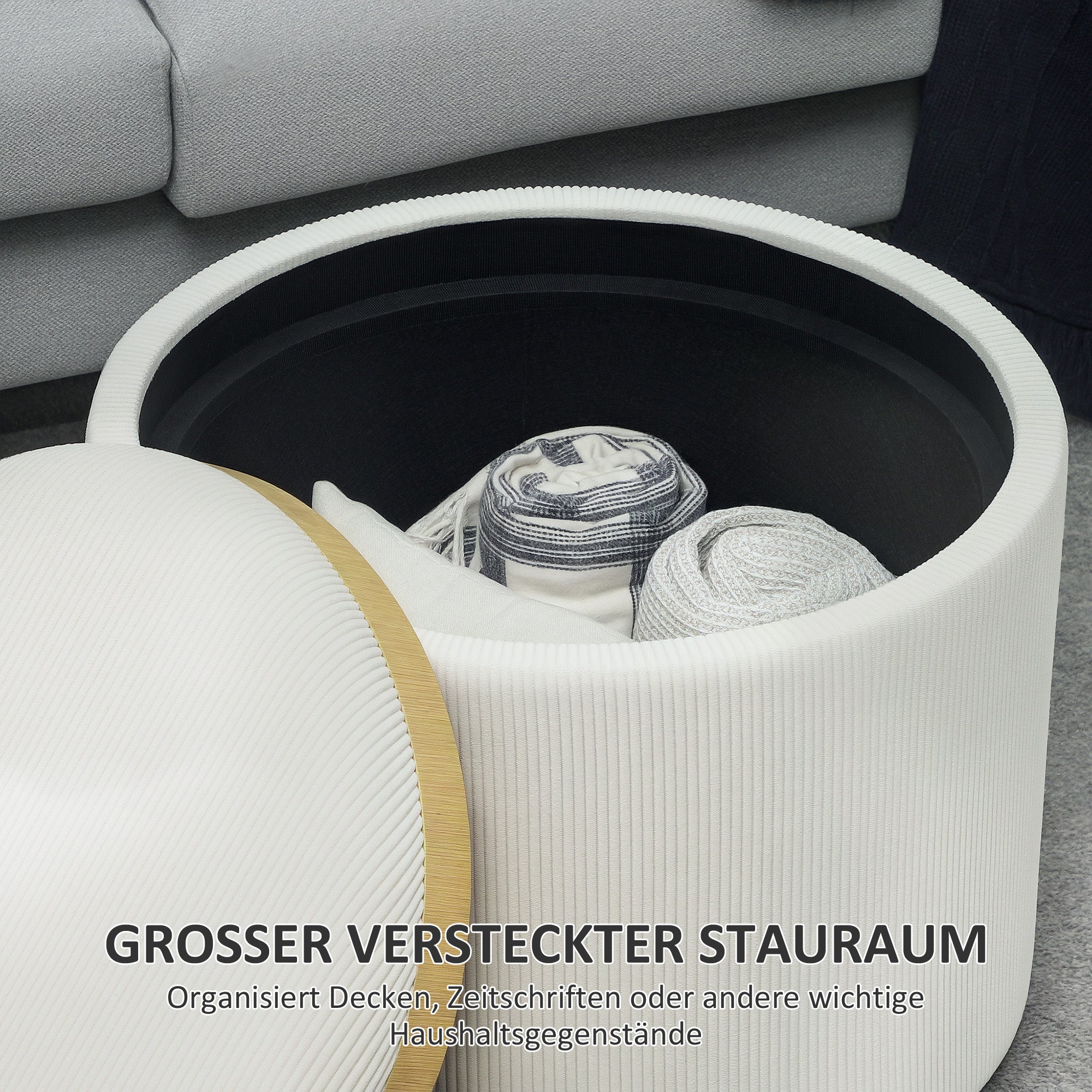 Storage Ottoman with Lid, Round Footstool Pouffe with Corduroy Finish 56 x 56 x 42 cm Cream White