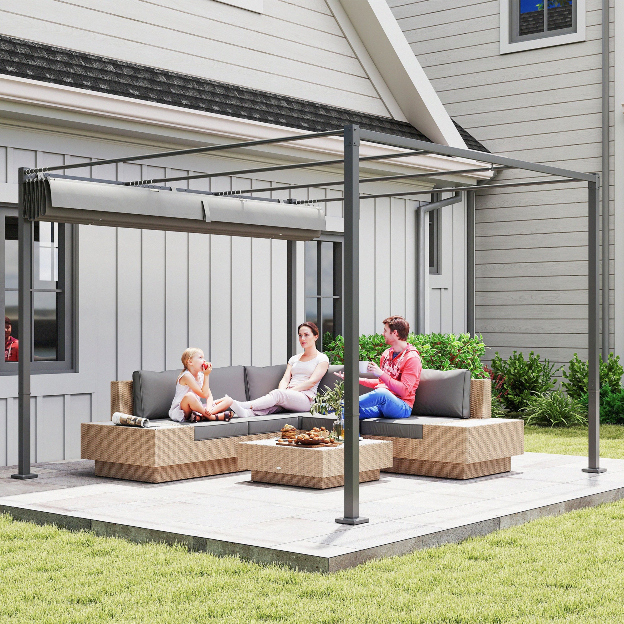 Retractable Sliding Pergola 3 x 3 m — 180 g/m² UV-Resistant Polyester Canopy, Magnetic Fastening, Powder-Coated Steel Frame, Gray
