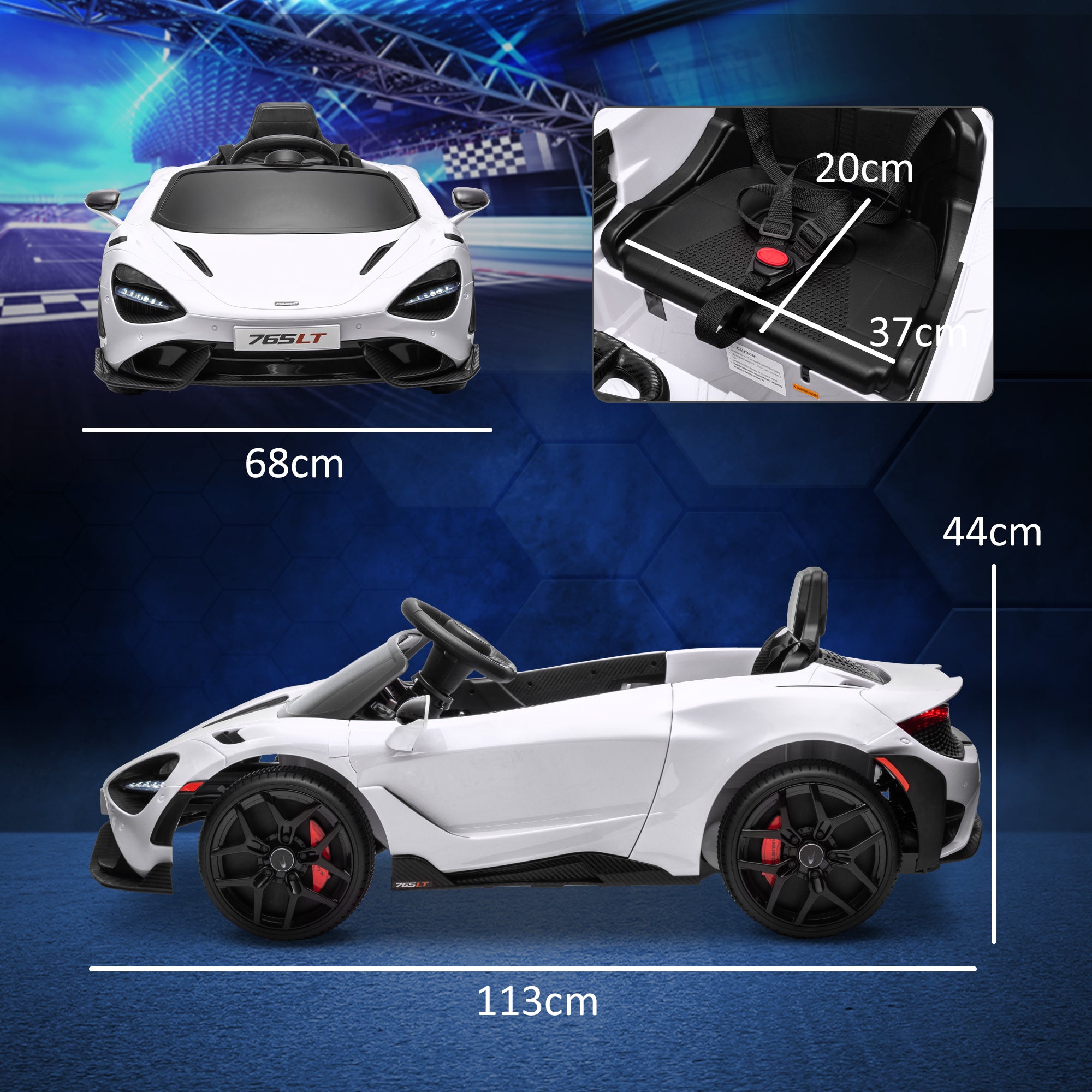 Kids Electric Car 12V McLaren 765LT Children's Car with 2.4G Remote Control, MP3 Music, Electric Vehicle with Horn, Lights, Gullwing Doors, Soft Start, 3-5 km/h, for 3-6 Years Kids, White