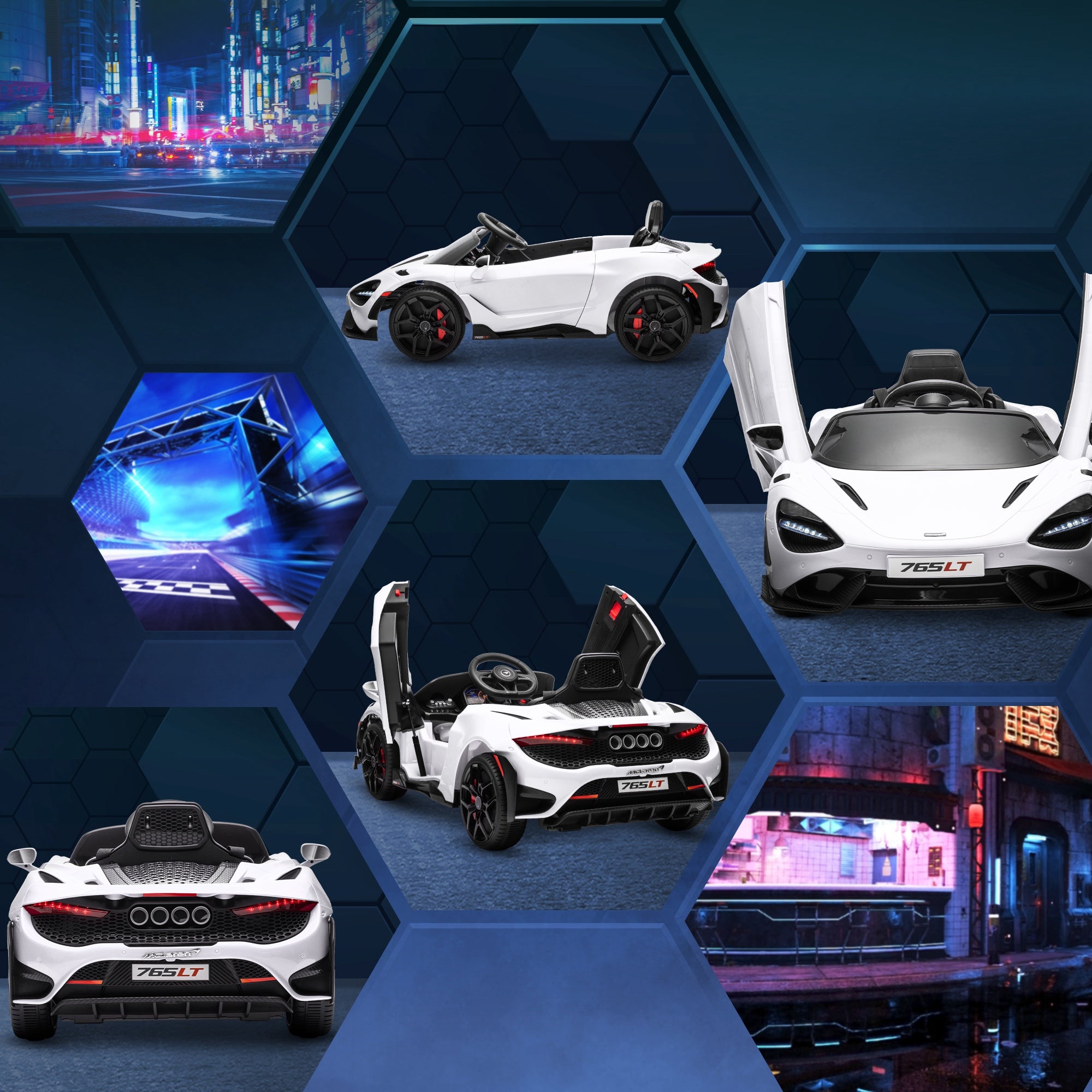 Kids Electric Car 12V McLaren 765LT Children's Car with 2.4G Remote Control, MP3 Music, Electric Vehicle with Horn, Lights, Gullwing Doors, Soft Start, 3-5 km/h, for 3-6 Years Kids, White