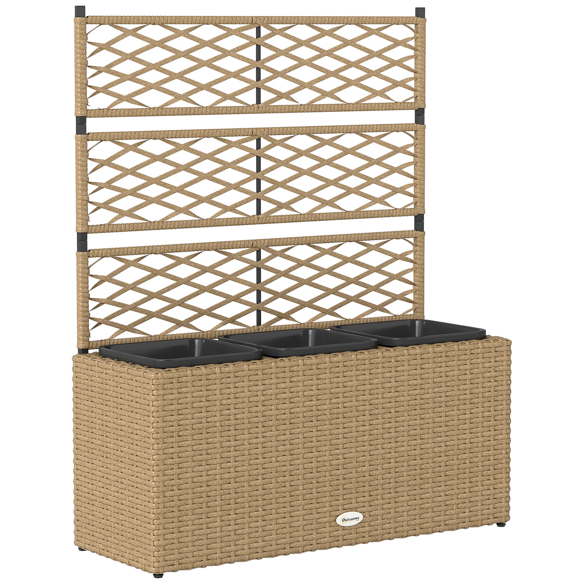 Planter with Trellis 3 Pot Planters Planting Pots Raised Planter 33L Garden Balcony Patio Terrace Outdoor Woven Resin and Steel 84 x 30 x 107 cm Sand Black