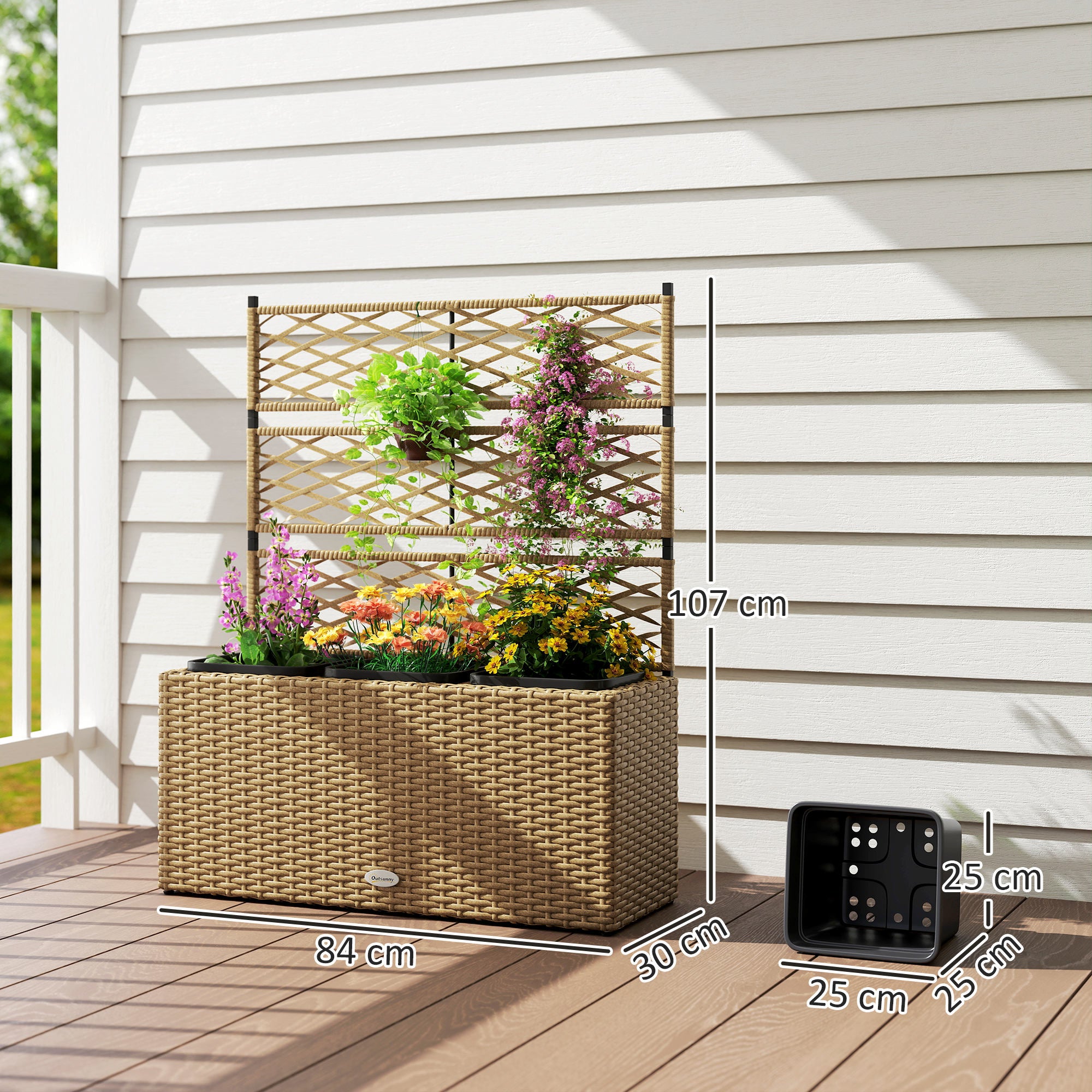 Planter with Trellis 3 Pot Planters Planting Pots Raised Planter 33L Garden Balcony Patio Terrace Outdoor Woven Resin and Steel 84 x 30 x 107 cm Sand Black