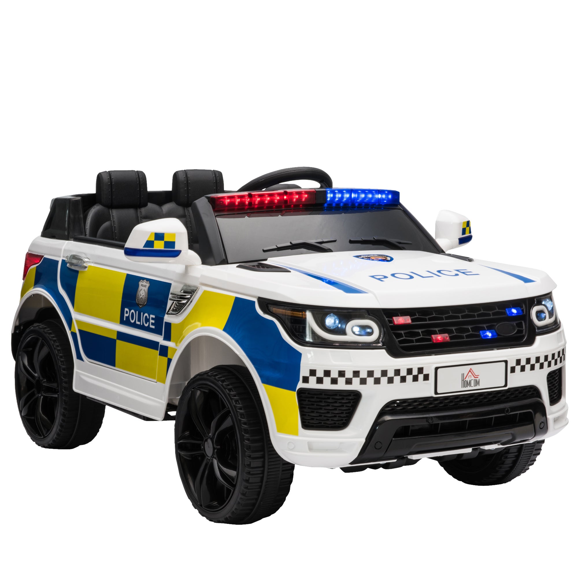 Electric Car for Kids in Police Design, 12V Battery and Remote Control, Siren Lights USB Connection for Music, 110x68x52cm, White