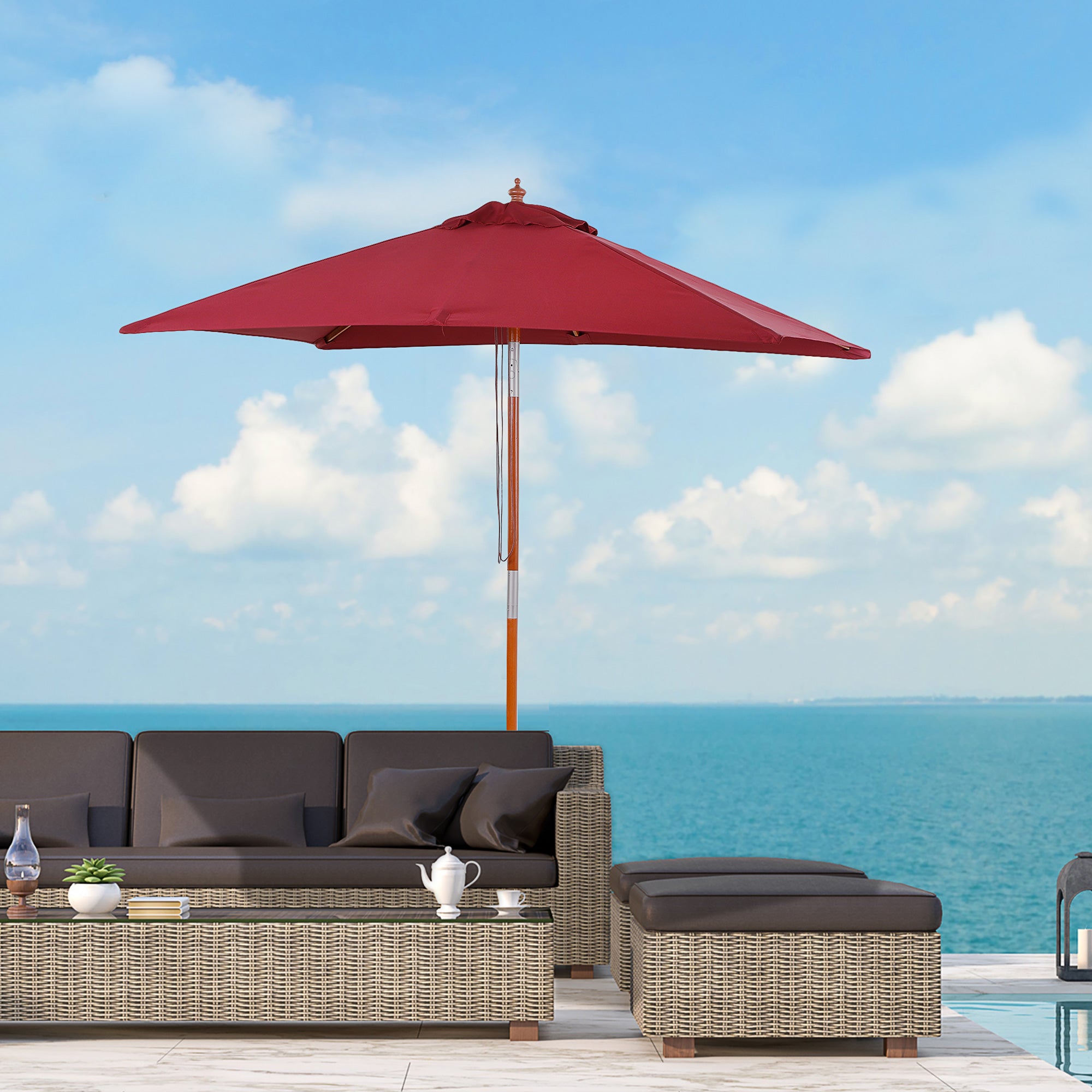 Parasol 200 x 150 x 235 cm Tiltable Garden Umbrella 3-stage adjustable rectangular Beach Umbrella water-repellent and UV-resistant for Beach Balcony Terrace Garden Wine Red