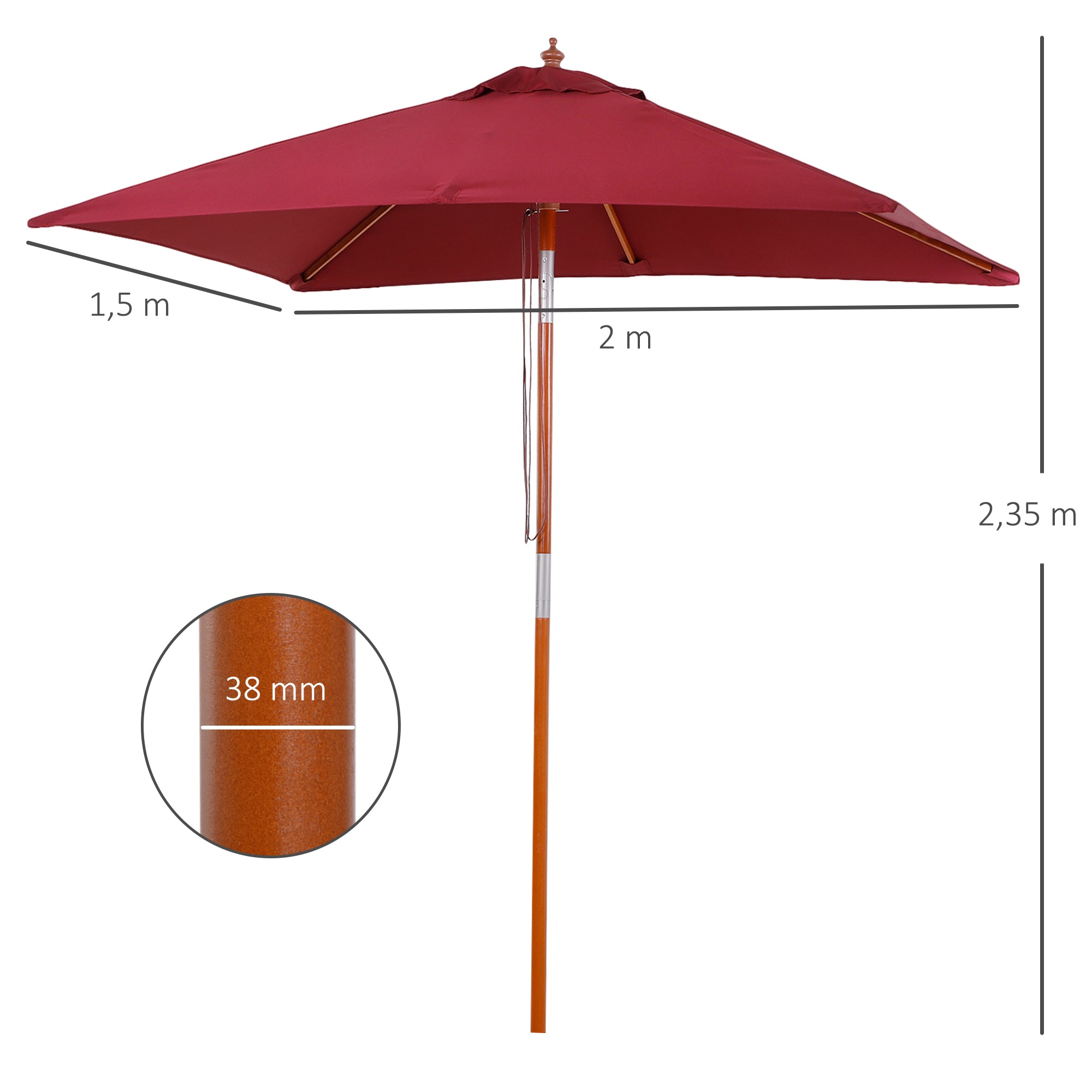 Parasol 200 x 150 x 235 cm Tiltable Garden Umbrella 3-stage adjustable rectangular Beach Umbrella water-repellent and UV-resistant for Beach Balcony Terrace Garden Wine Red