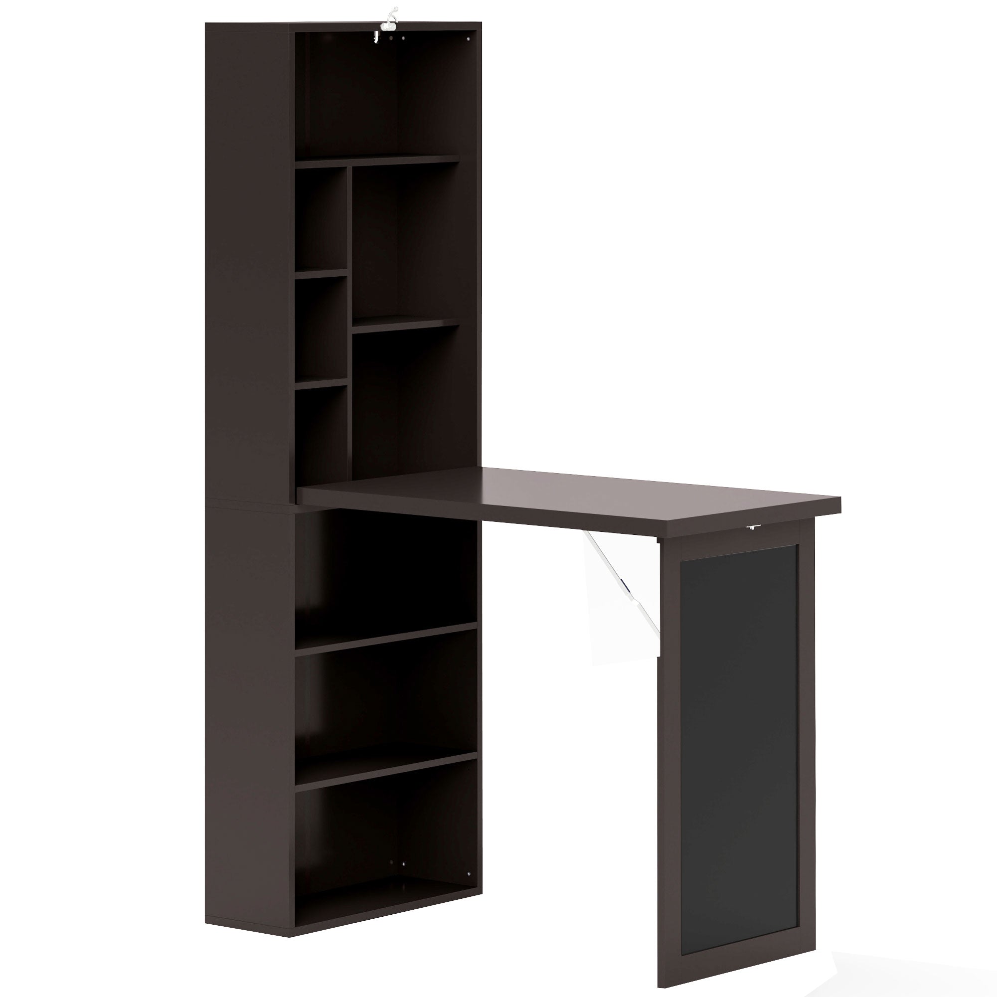 Folding Computer Desk, Desk with Storage, Foldable Wall Table with Bookshelf, Workstation, Chalkboard, and Adjustable Shelf, Brown