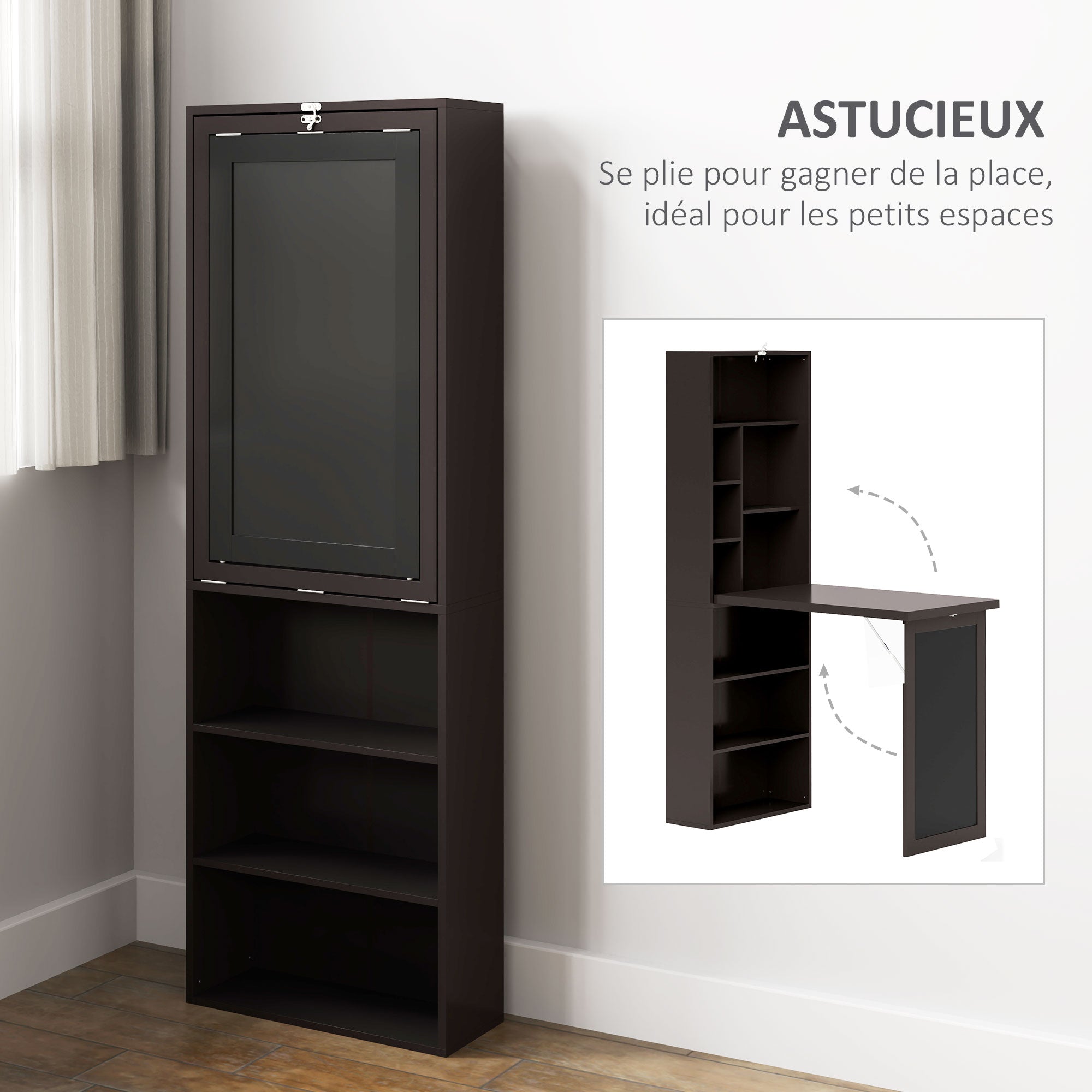 Folding Computer Desk, Desk with Storage, Foldable Wall Table with Bookshelf, Workstation, Chalkboard, and Adjustable Shelf, Brown