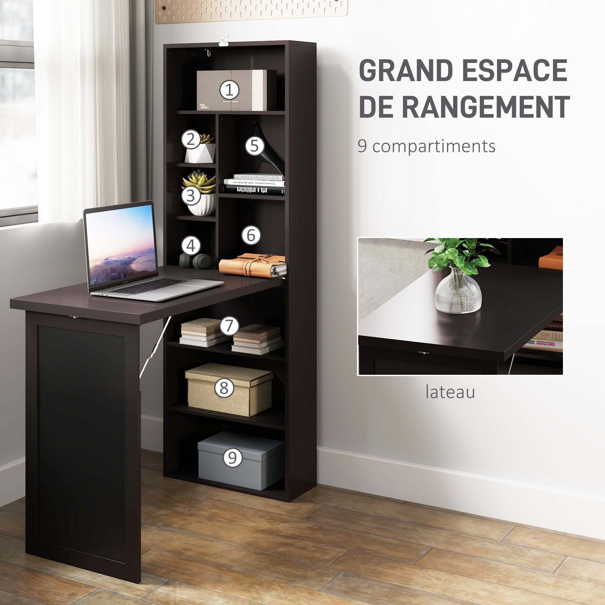 Folding Computer Desk, Desk with Storage, Foldable Wall Table with Bookshelf, Workstation, Chalkboard, and Adjustable Shelf, Brown