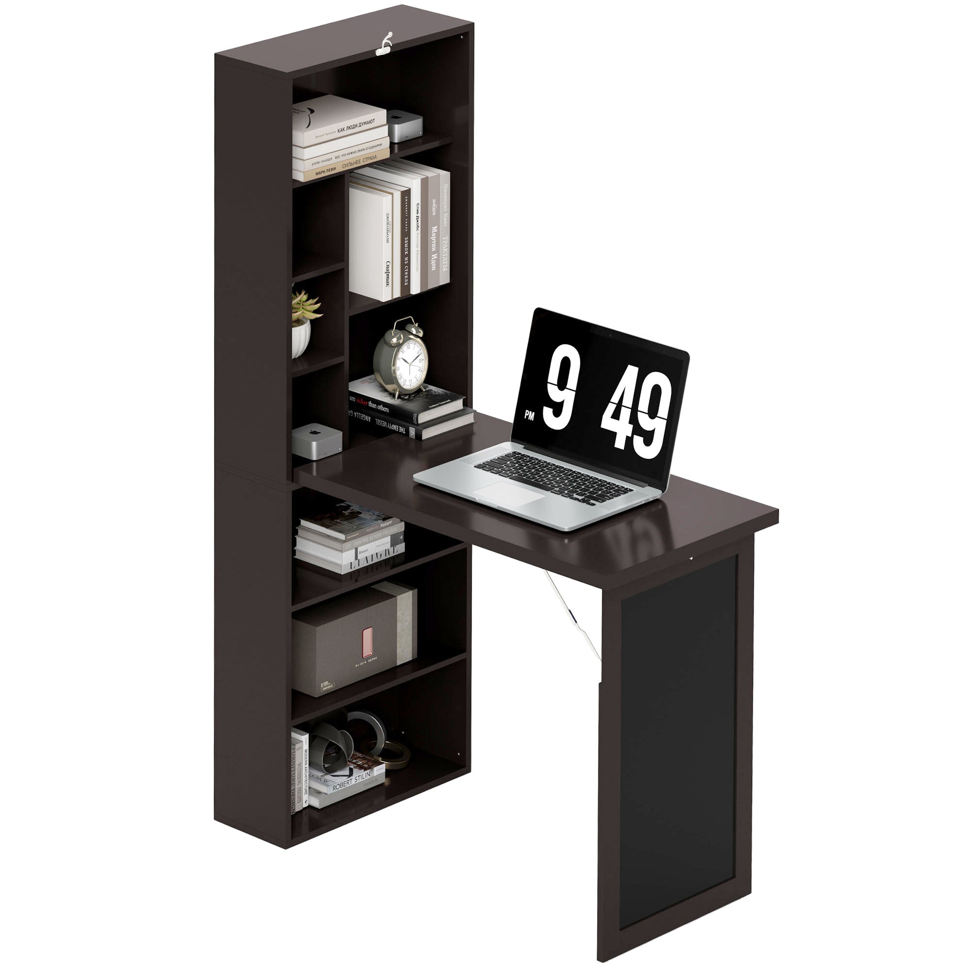 Folding Computer Desk, Desk with Storage, Foldable Wall Table with Bookshelf, Workstation, Chalkboard, and Adjustable Shelf, Brown