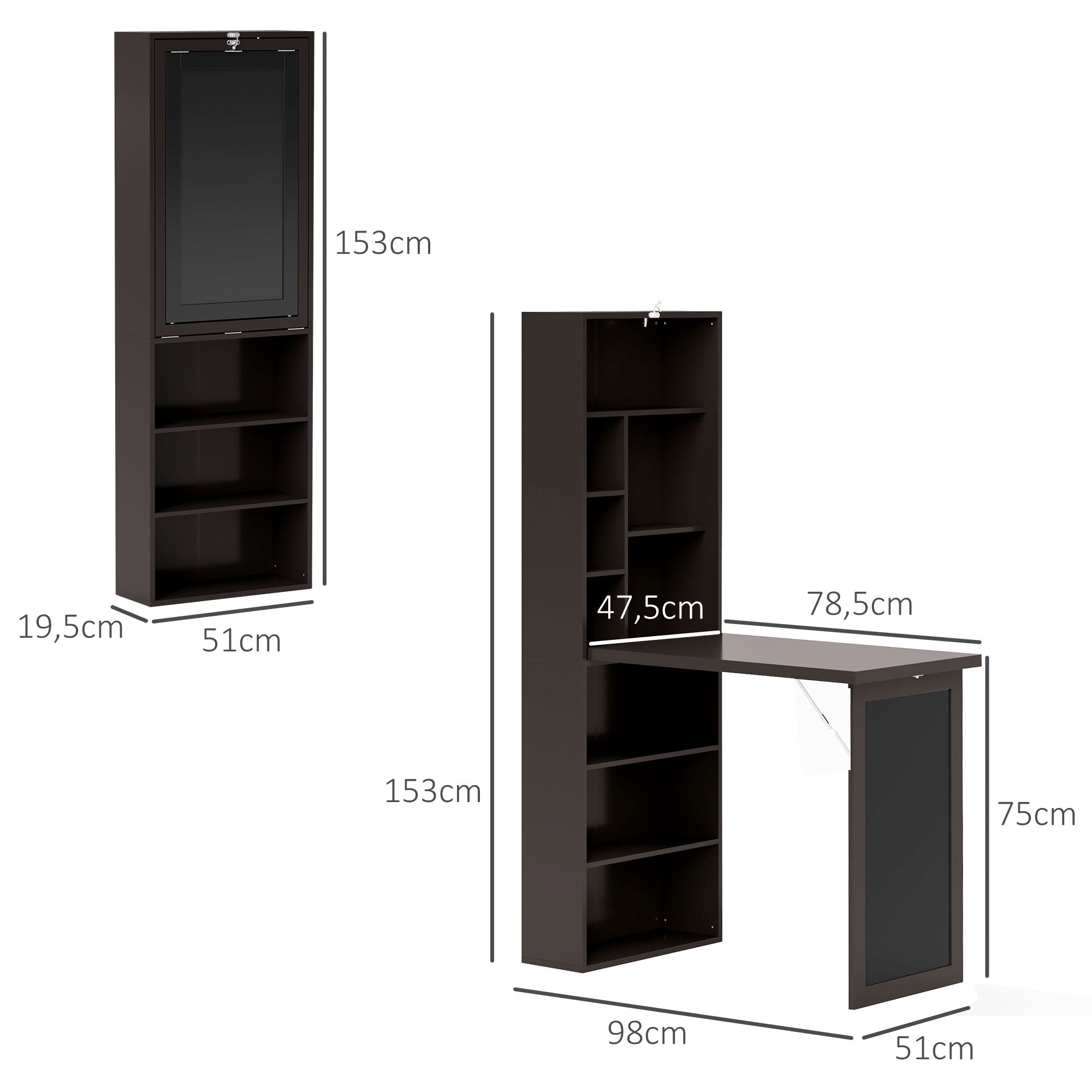 Folding Computer Desk, Desk with Storage, Foldable Wall Table with Bookshelf, Workstation, Chalkboard, and Adjustable Shelf, Brown