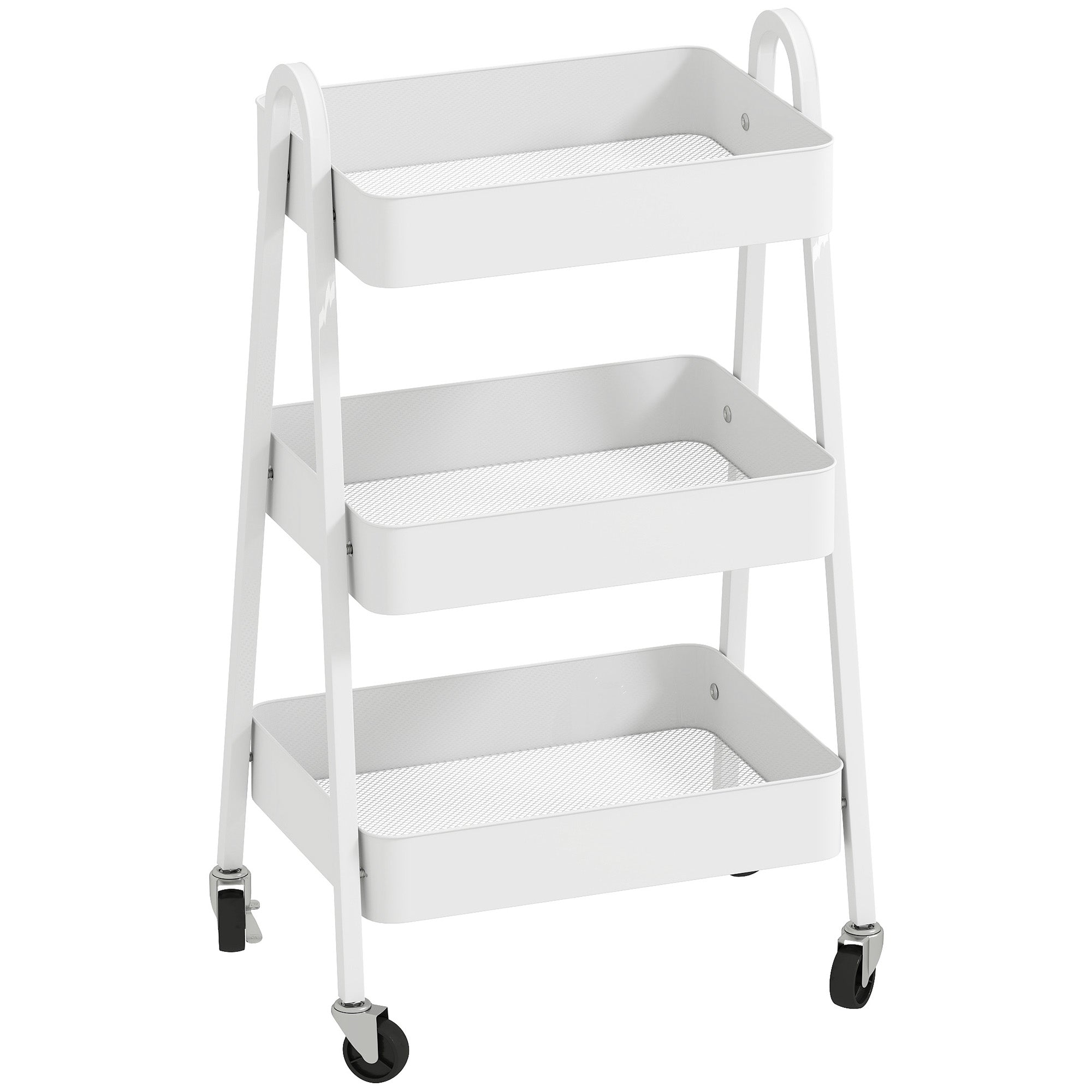 Three-Tier Serving Cart with Wheels Handle Rolling Cart with Brake Kitchen Shelf Kitchen Trolley Multipurpose Cart for Kitchen Office Bathroom, White