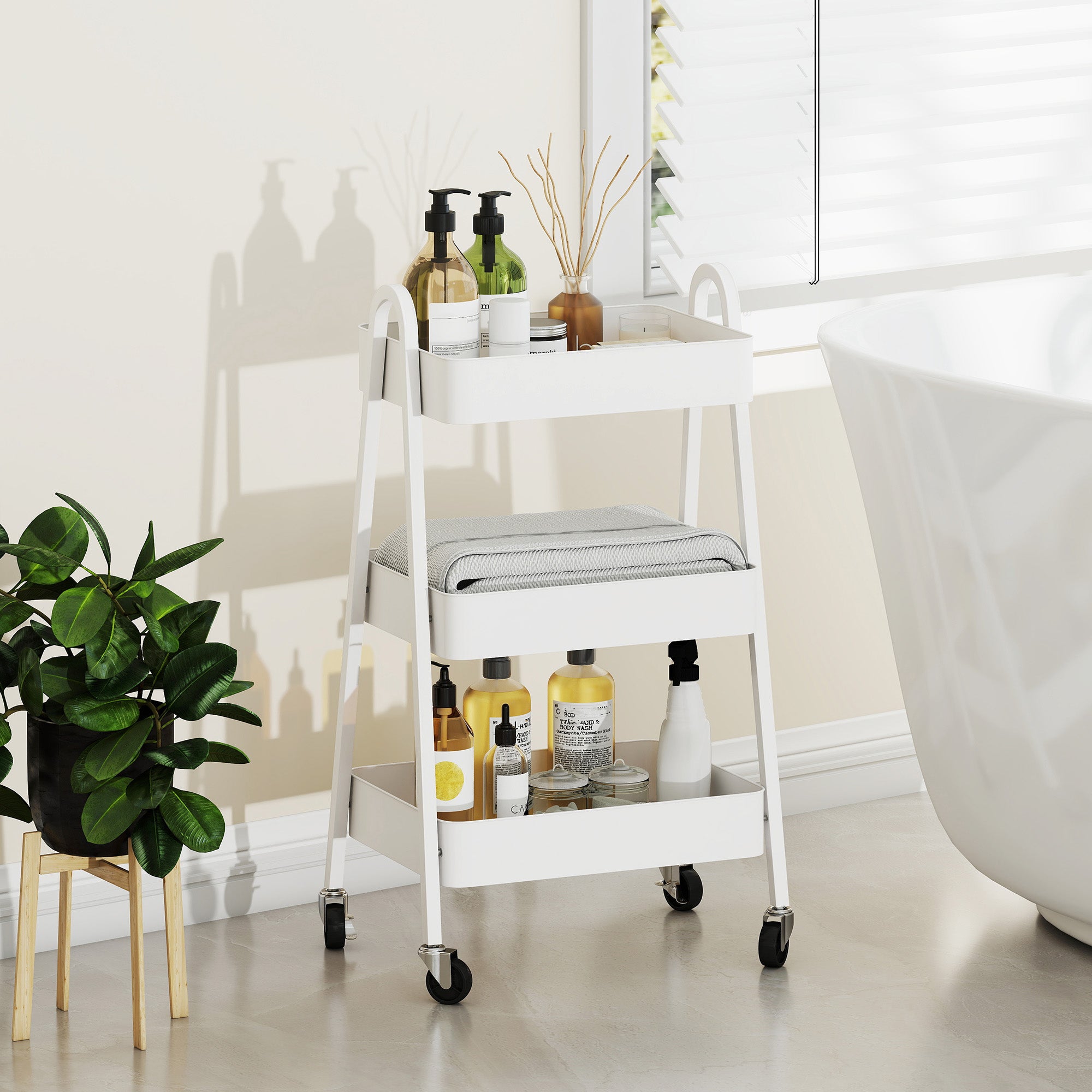 Three-Tier Serving Cart with Wheels Handle Rolling Cart with Brake Kitchen Shelf Kitchen Trolley Multipurpose Cart for Kitchen Office Bathroom, White