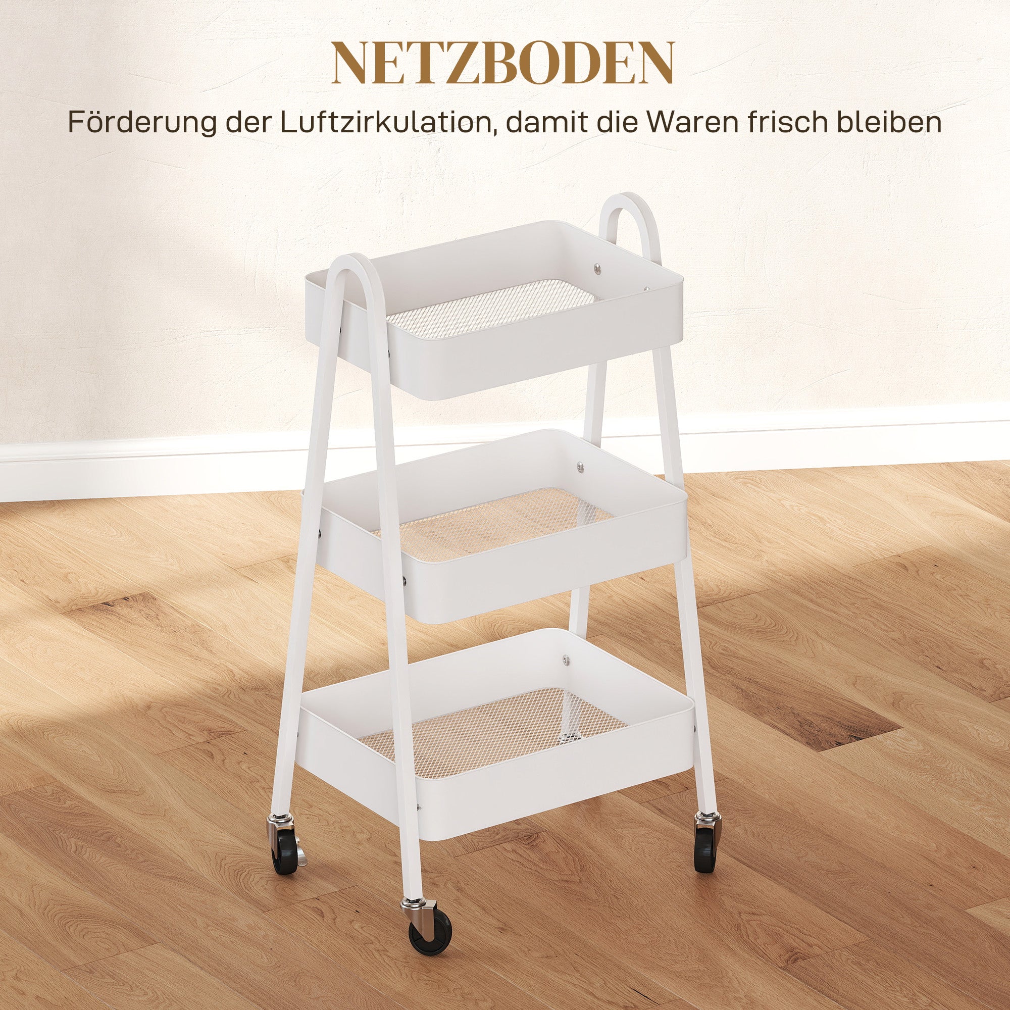Three-Tier Serving Cart with Wheels Handle Rolling Cart with Brake Kitchen Shelf Kitchen Trolley Multipurpose Cart for Kitchen Office Bathroom, White