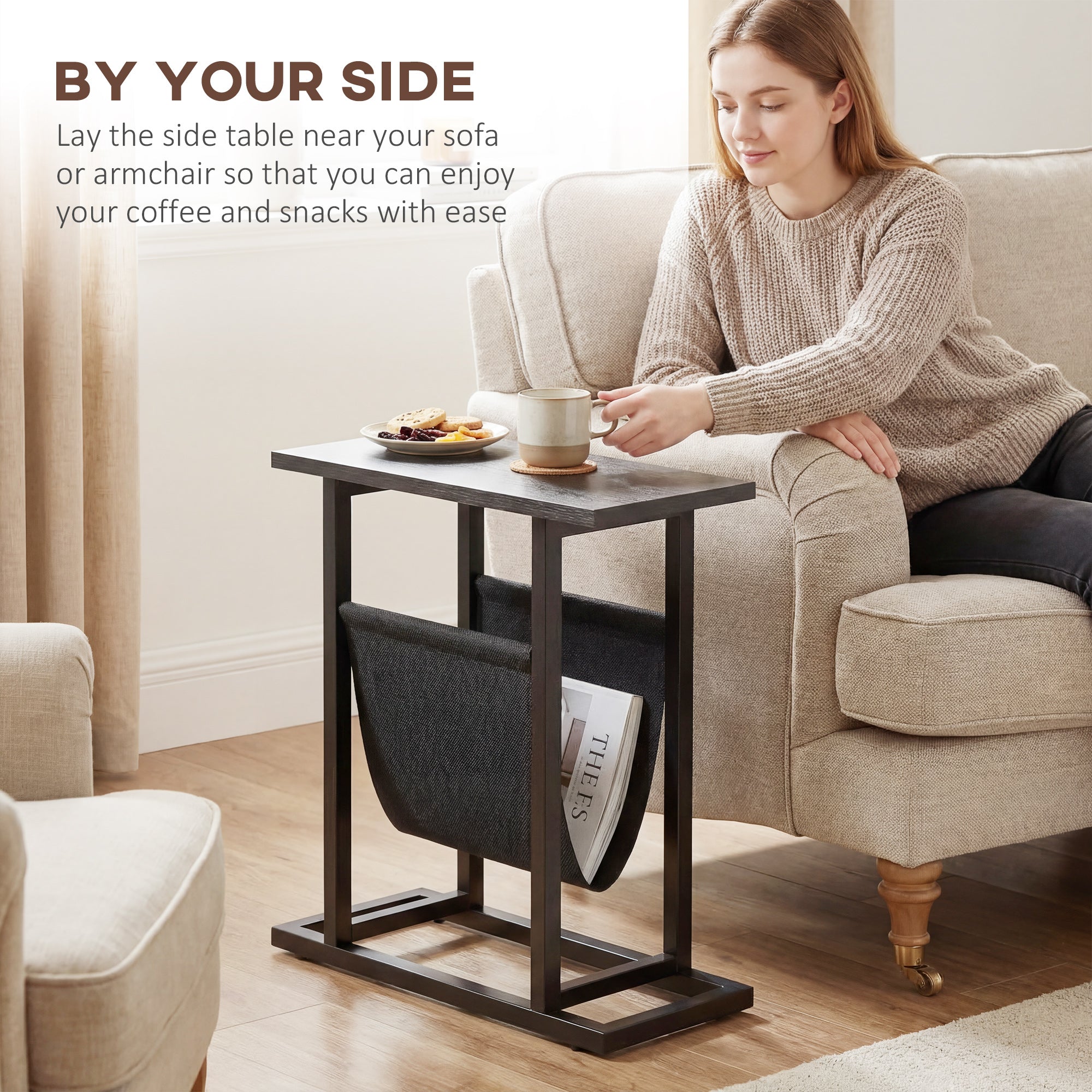 Side Table/Nightstand with Fabric Pocket, Steel Frame End Table for Living Room & Bedroom, 19.3 x 7.5 x 21.7 in, Black