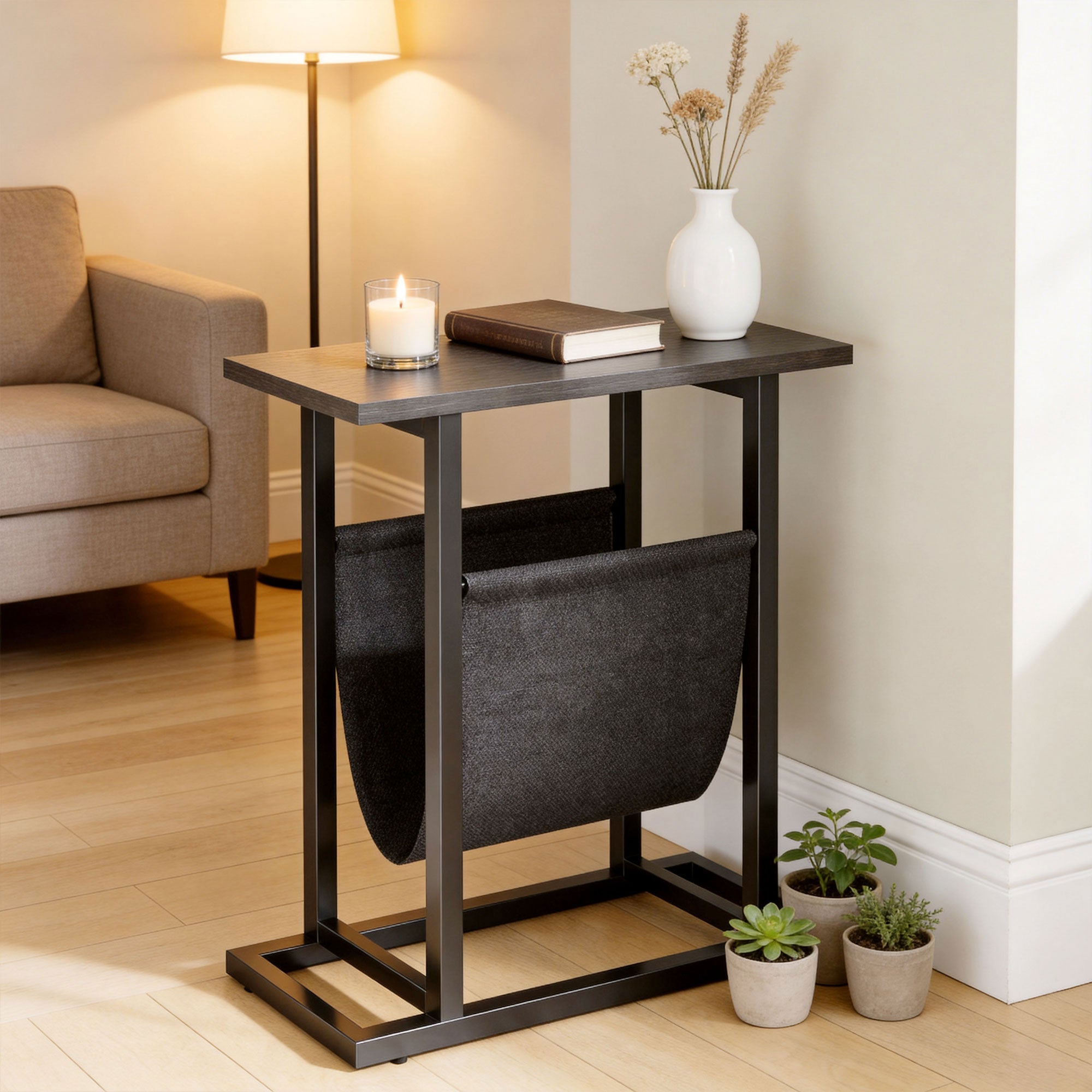 Side Table/Nightstand with Fabric Pocket, Steel Frame End Table for Living Room & Bedroom, 19.3 x 7.5 x 21.7 in, Black