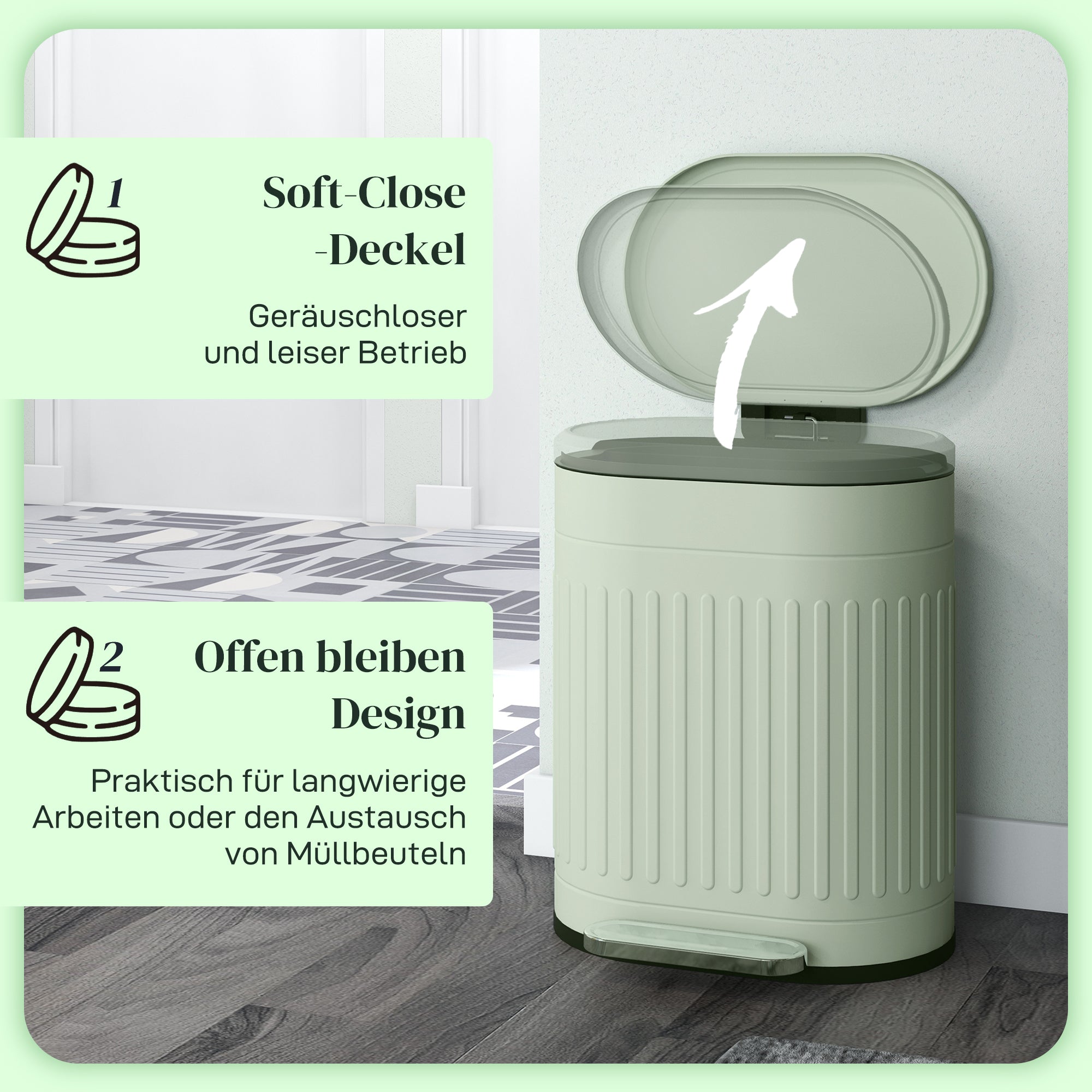 20 L Step Trash Can with Lid & Foot Pedal — Removable Inner Bin, Soft-Close — Green, 36.5 x 31.2 x 45 cm