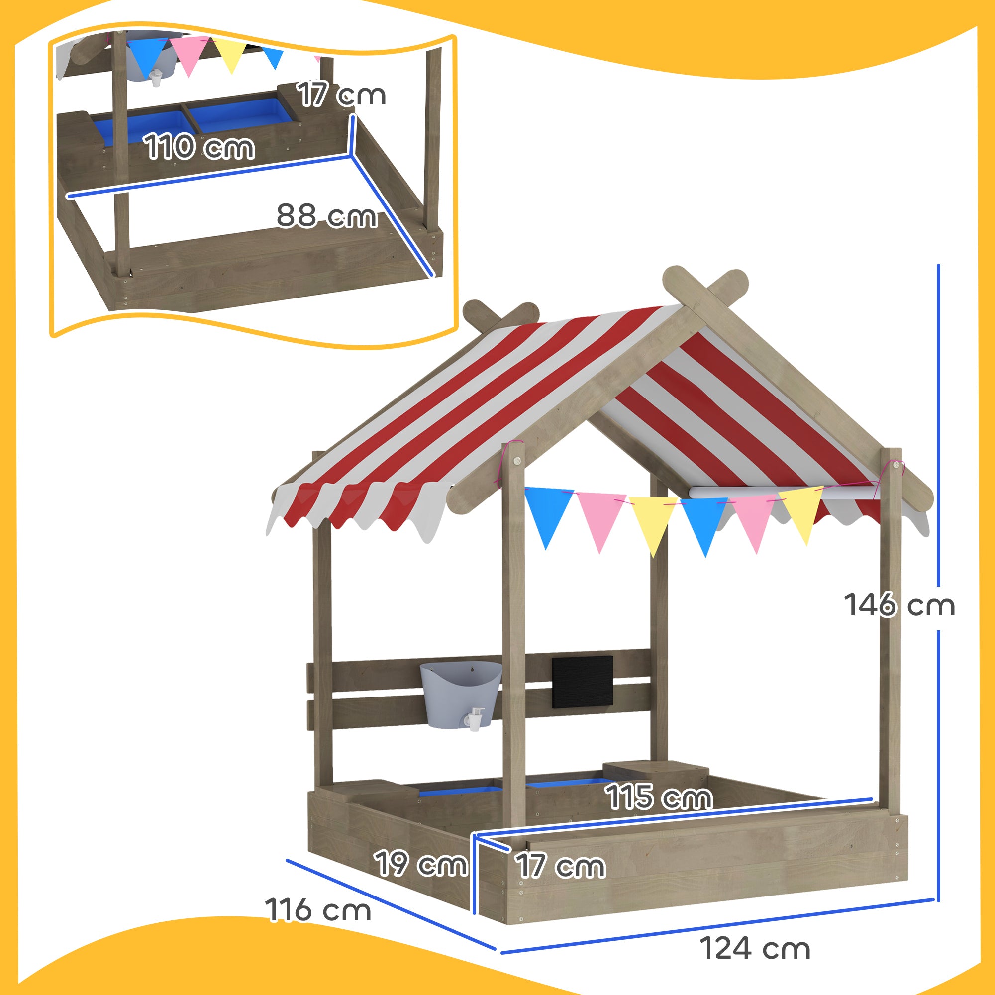 Sandpit with Roof, Wooden Sandbox with Seating, Playhouse, 124 x 116 x 146 cm Sandbox with Chalkboard for 3-7 Year Olds Children, Garden, Gray