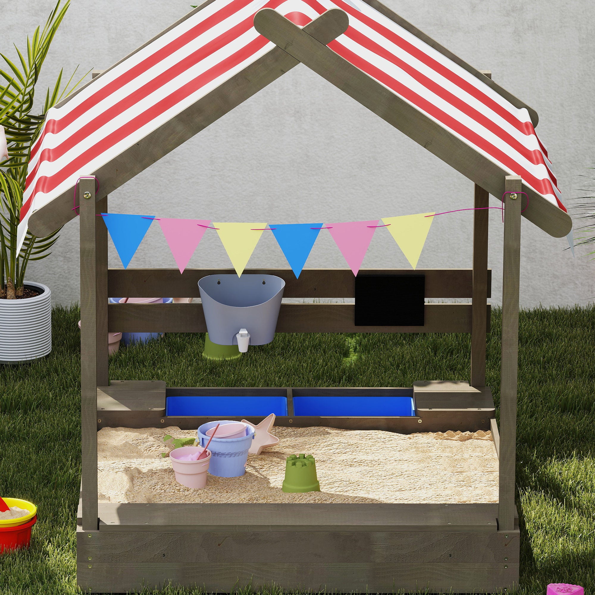 Sandpit with Roof, Wooden Sandbox with Seating, Playhouse, 124 x 116 x 146 cm Sandbox with Chalkboard for 3-7 Year Olds Children, Garden, Gray