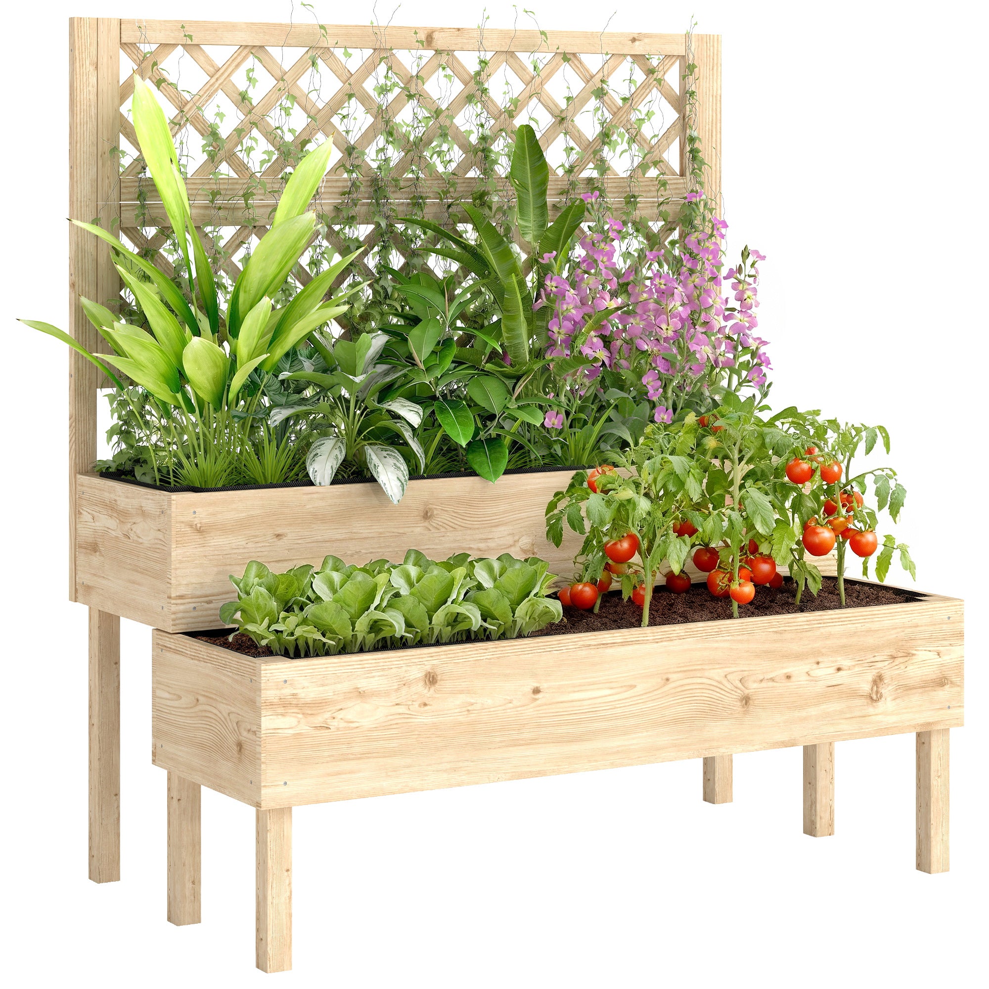 2-Tier Raised Planter with Trellis — 2 Fabric-Lined Wooden Plant Boxes for Climbing Plants, 108 x 62 x 120 cm (42.5 x 24.4 x 47.2 in)