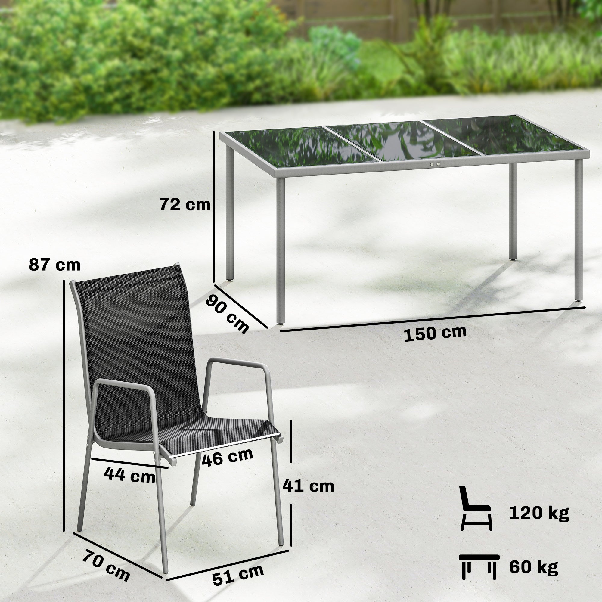 7-Piece Outdoor Dining Set – Tempered Glass Table with 6 Stackable Breathable Chairs, Weather-Resistant Powder-Coated Metal Frame, Black & Silver