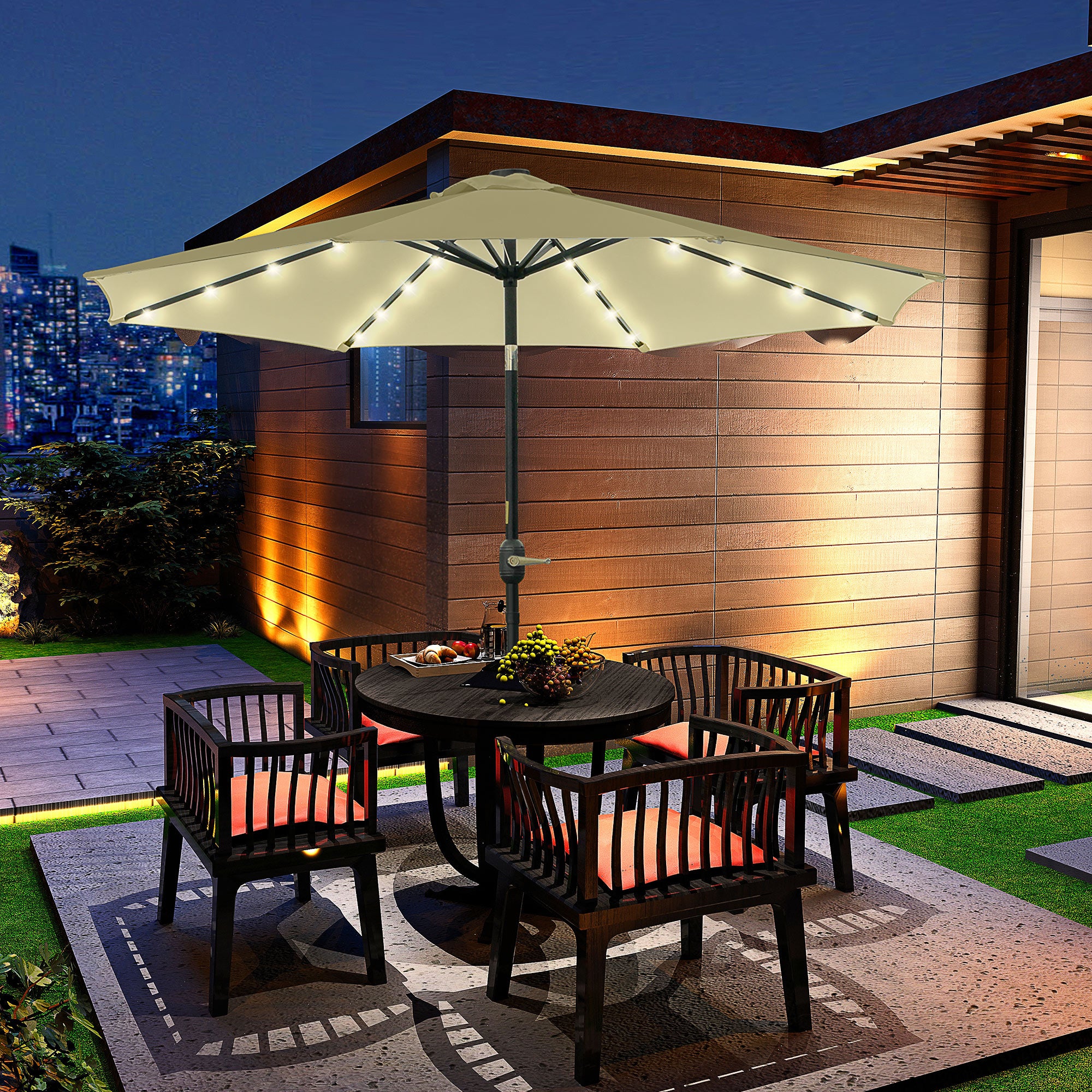 Outdoor Terrace Umbrella Ø265 cm Garden Umbrella with 32 Solar LED Lights Steel Post and Crank Tilt Umbrella for Patio Terrace Beige