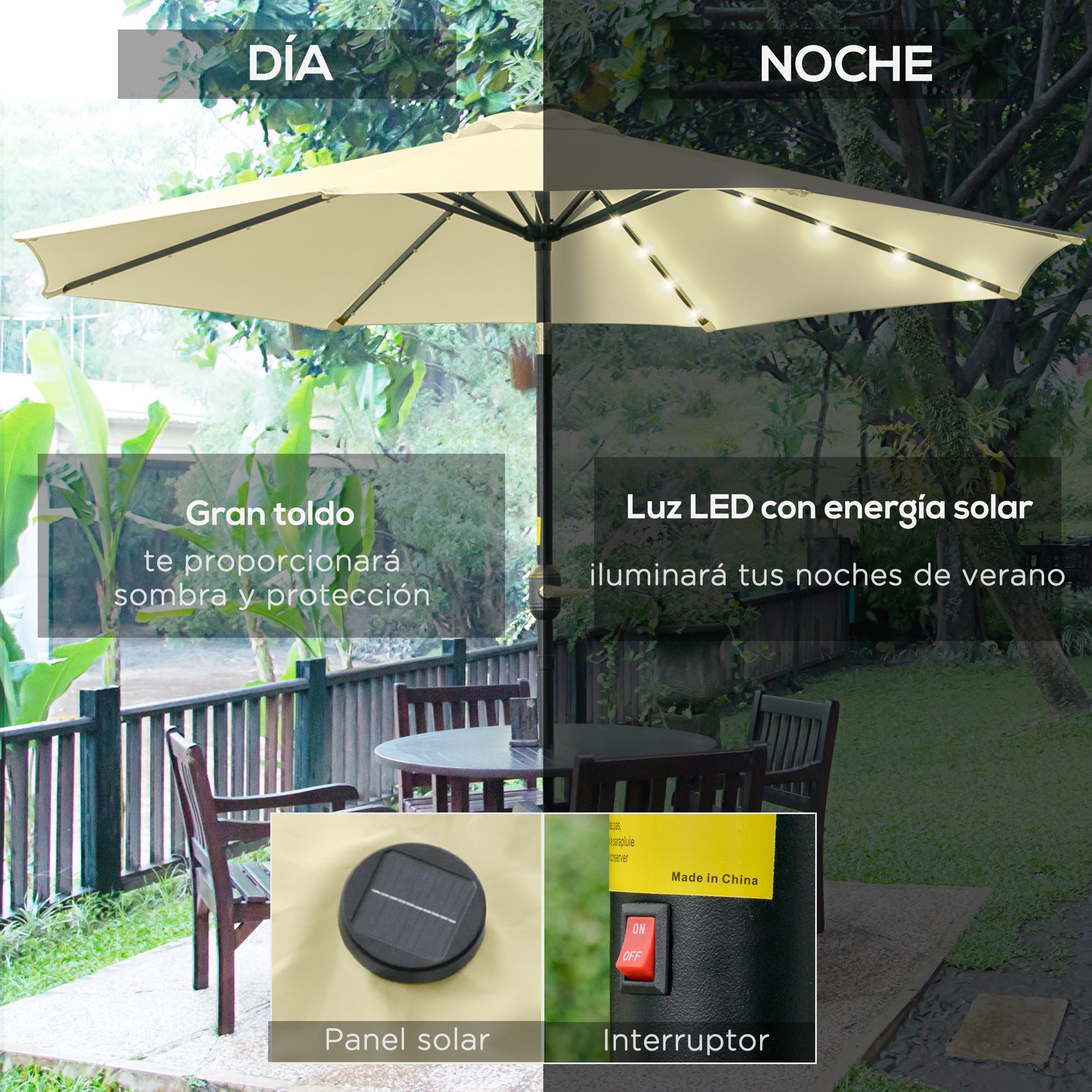 Outdoor Terrace Umbrella Ø265 cm Garden Umbrella with 32 Solar LED Lights Steel Post and Crank Tilt Umbrella for Patio Terrace Beige