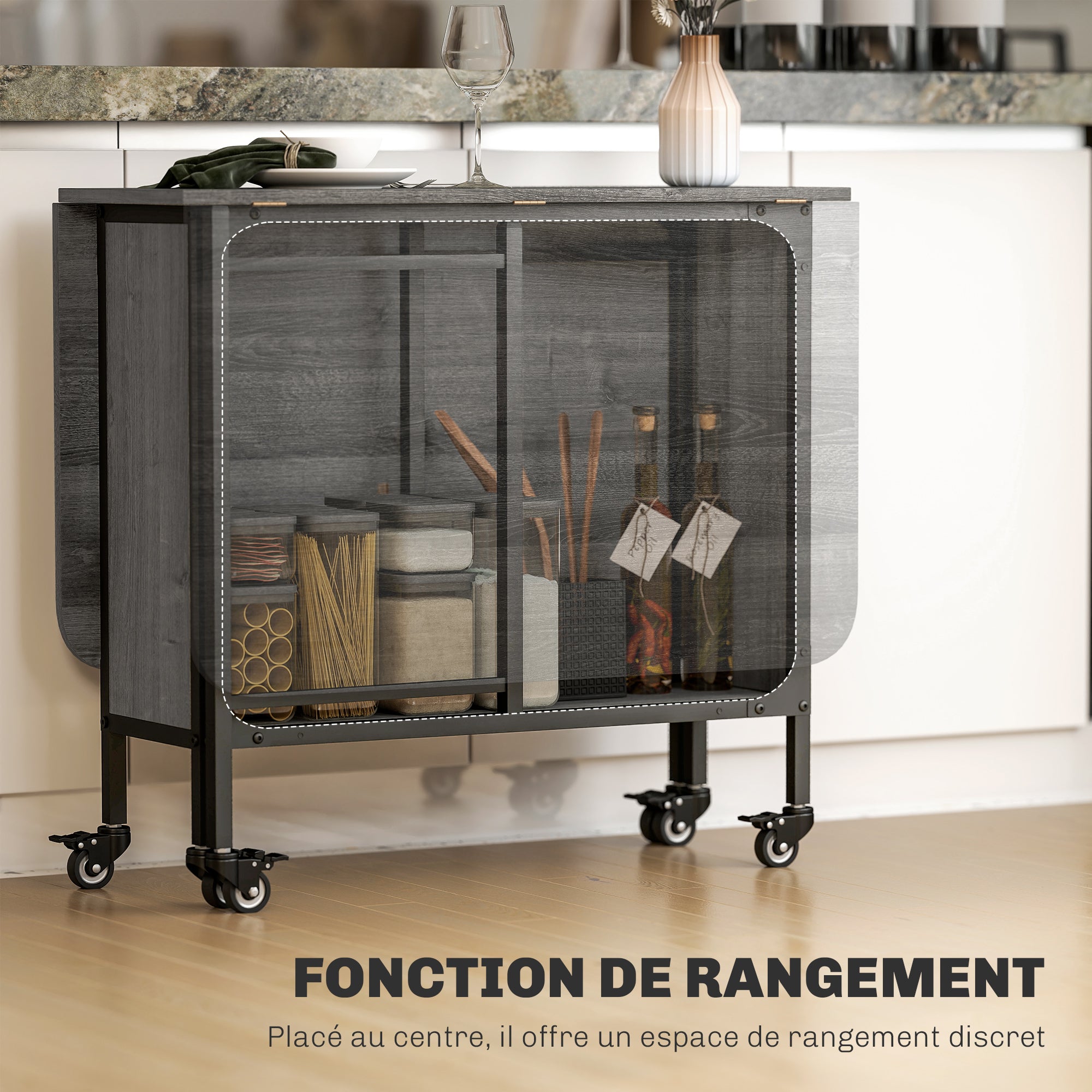 Folding Dining Table, Rectangular Extendable Kitchen Table on Wheels for up to 6 People, 6 Wheels and Integrated Shelf, for Small Spaces, Dining Room, Gray