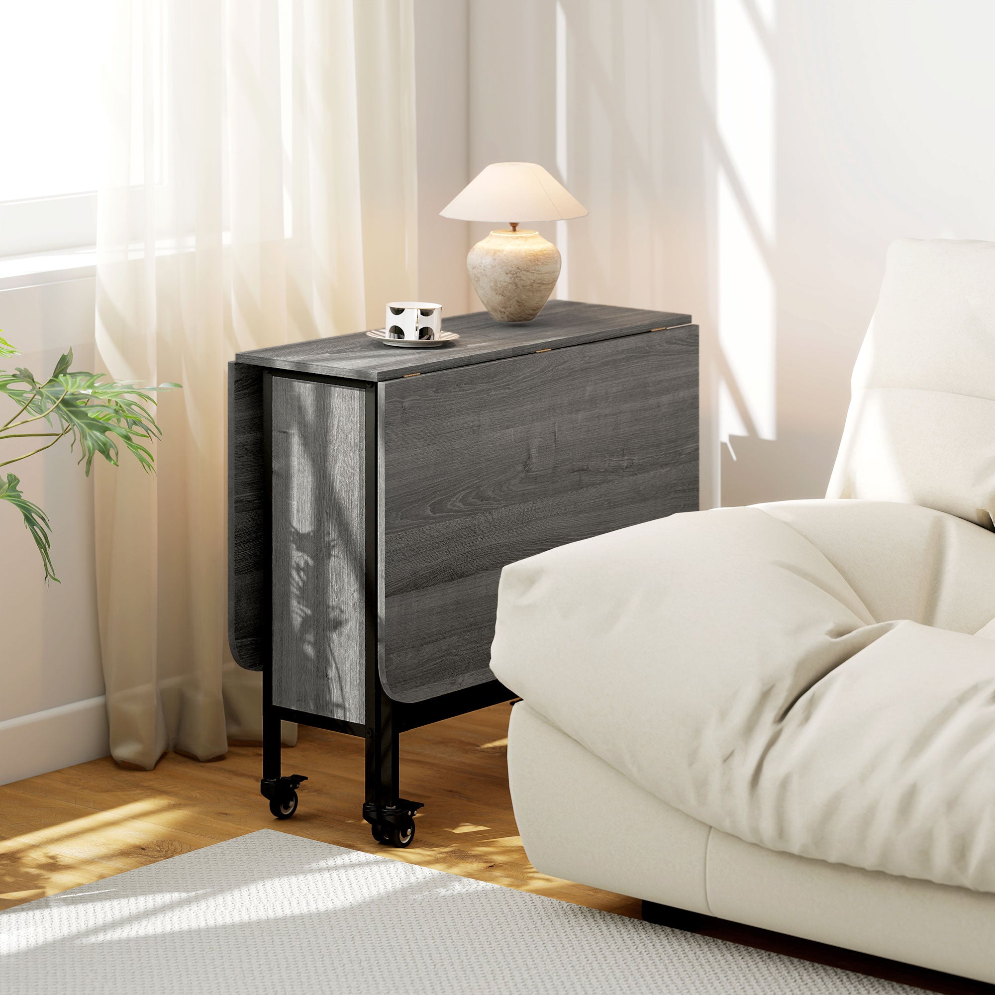 Folding Dining Table, Rectangular Extendable Kitchen Table on Wheels for up to 6 People, 6 Wheels and Integrated Shelf, for Small Spaces, Dining Room, Gray