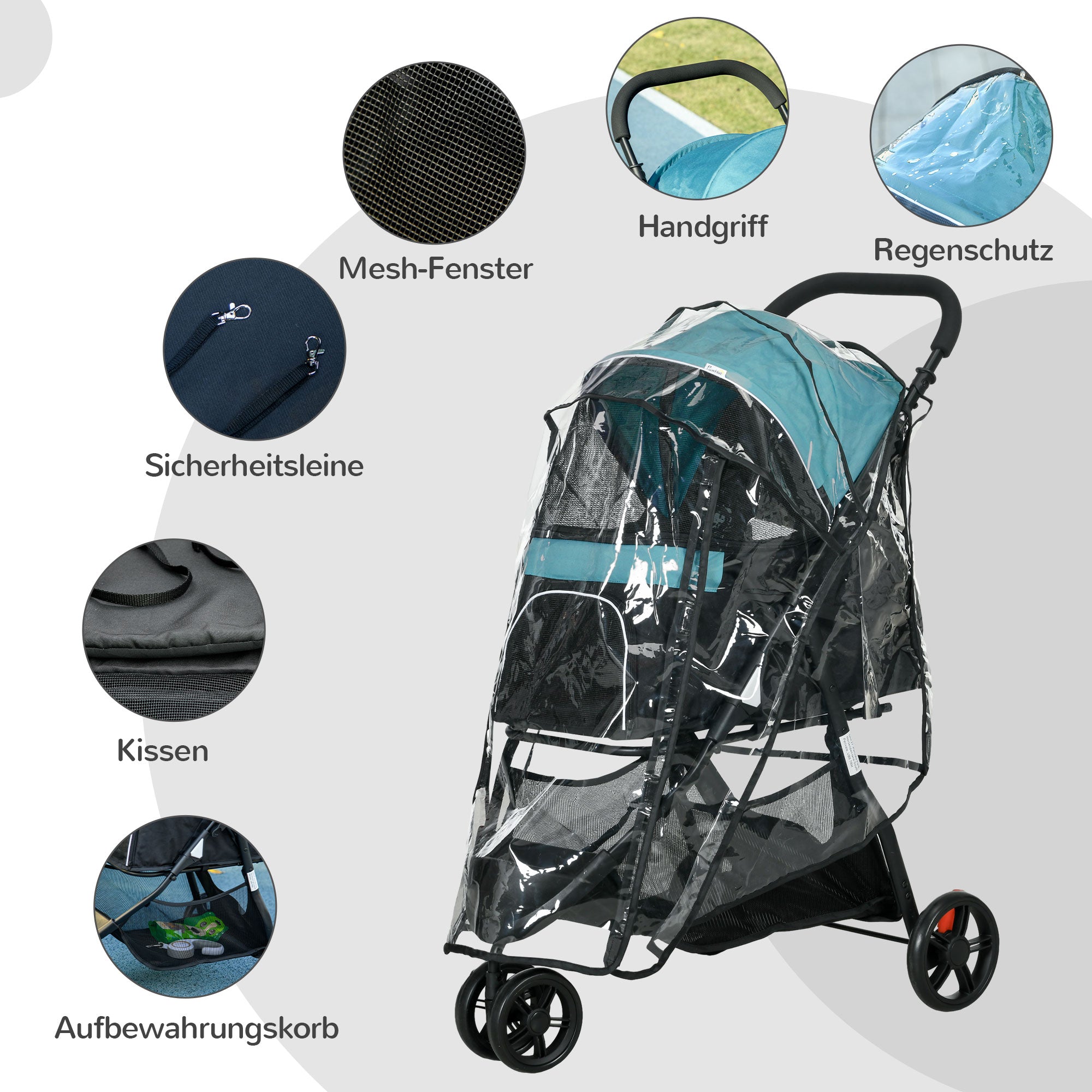 2 in 1 Dog Stroller Dog Buggy with Rain Cover Foldable for Dogs & Cats up to 10 kg Cat Stroller with Cushion Mesh Windows Doors Storage Basket Cat Carriage Buggy Dark Green