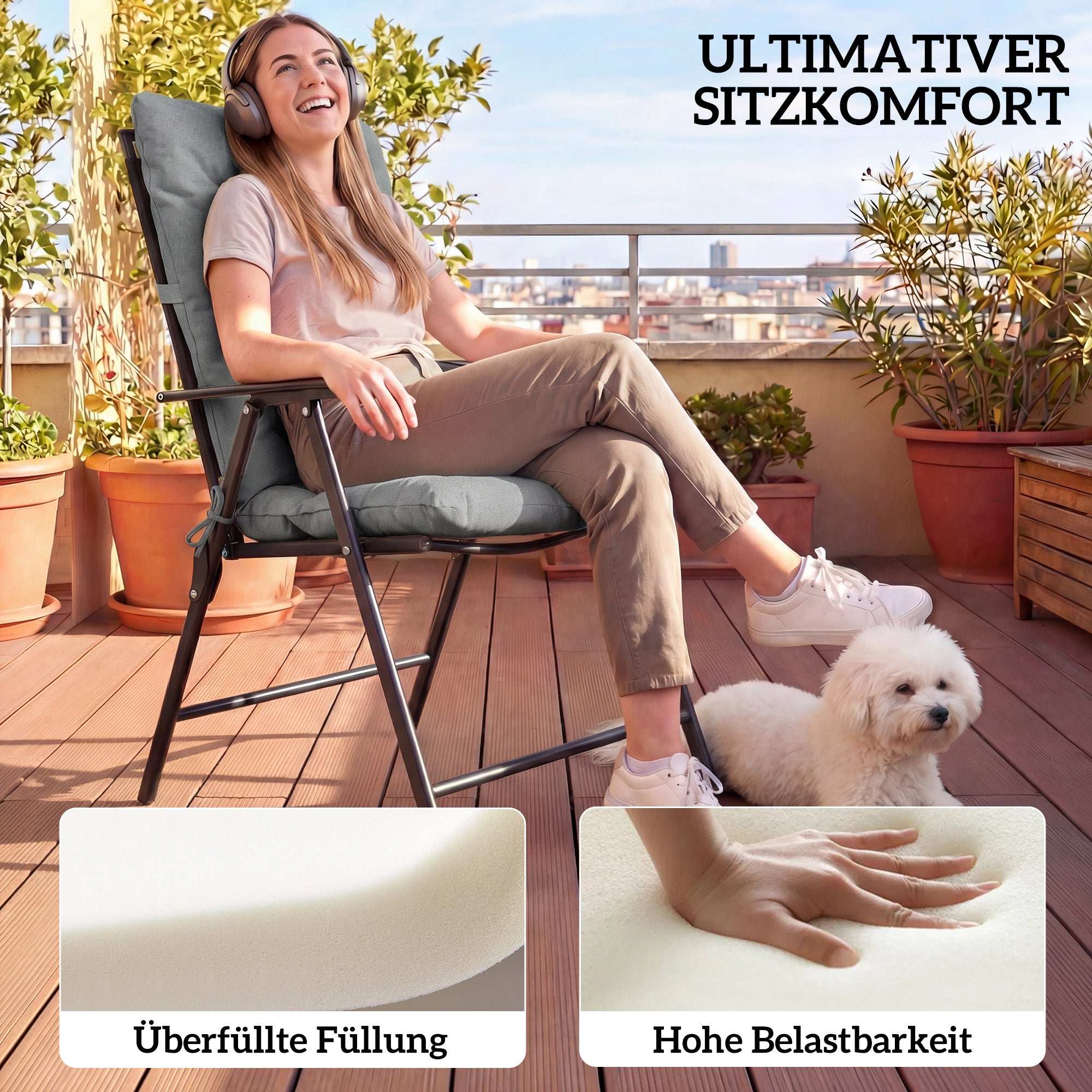 2-Pack Seat Cushions 120 x 50 x 8 cm (47.2 x 19.7 x 3.1 in) — Chair Cushions with Ties, Indoor/Outdoor, Light Gray