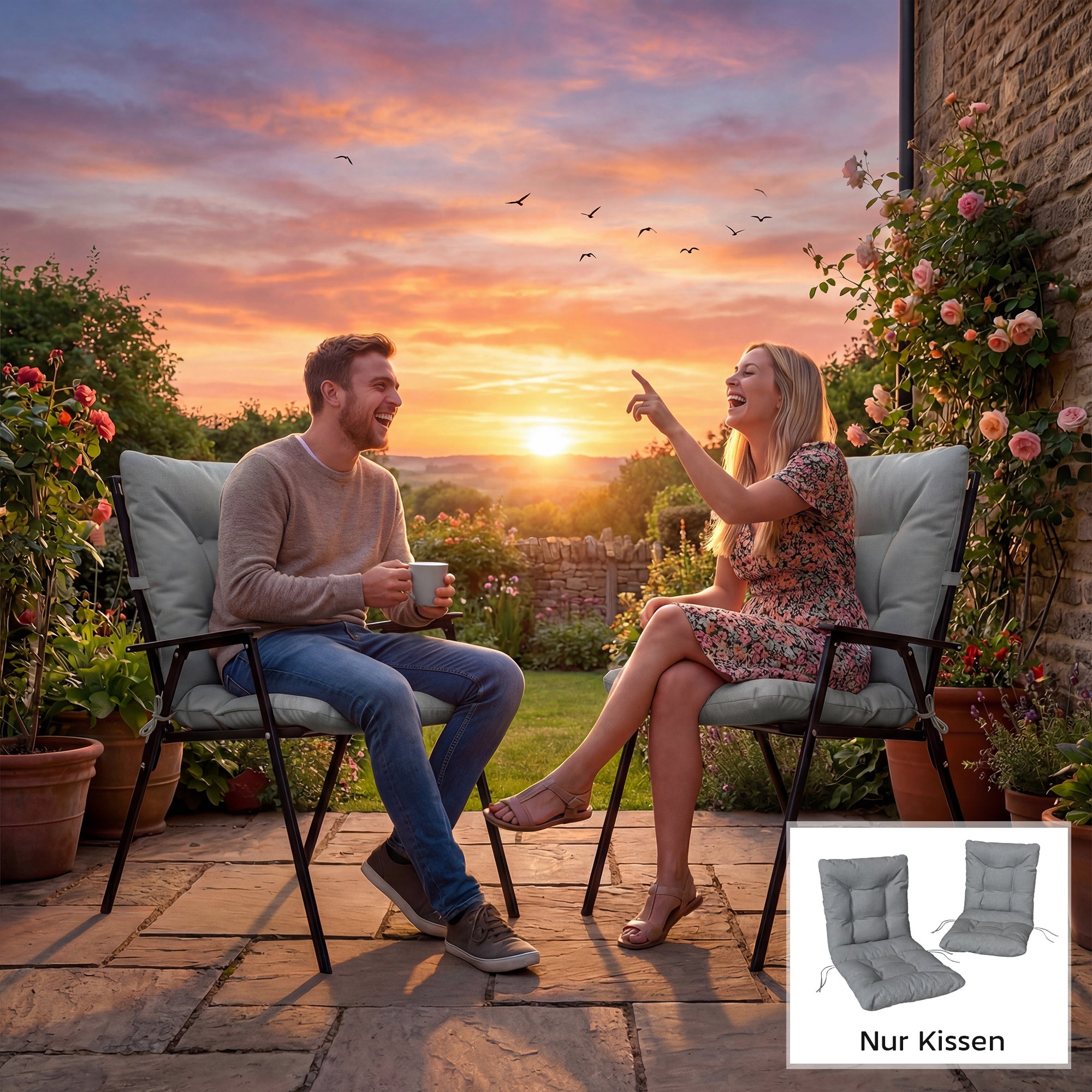 2-Pack Seat Cushions 120 x 50 x 8 cm (47.2 x 19.7 x 3.1 in) — Chair Cushions with Ties, Indoor/Outdoor, Light Gray
