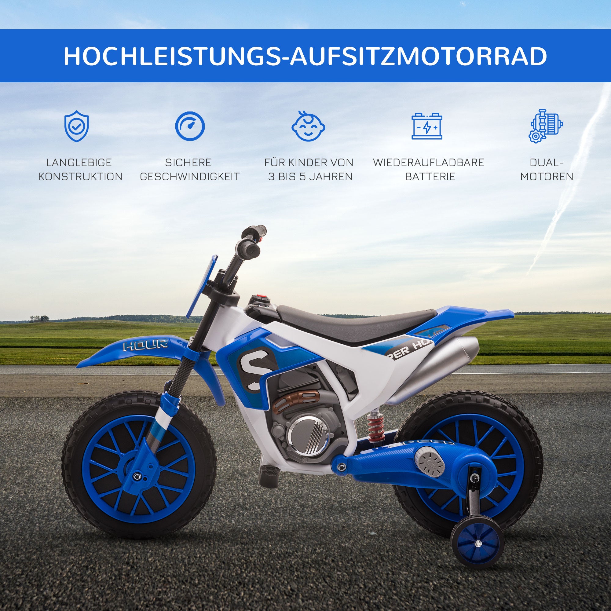 Kids Electric Motorbike Children's Motorcycle 12V Kids Vehicle Electric Vehicle with 2 Removable Training Wheels for Kids 3+ Years PP Metal Blue+White 106.5 x 51.5 x 68 cm