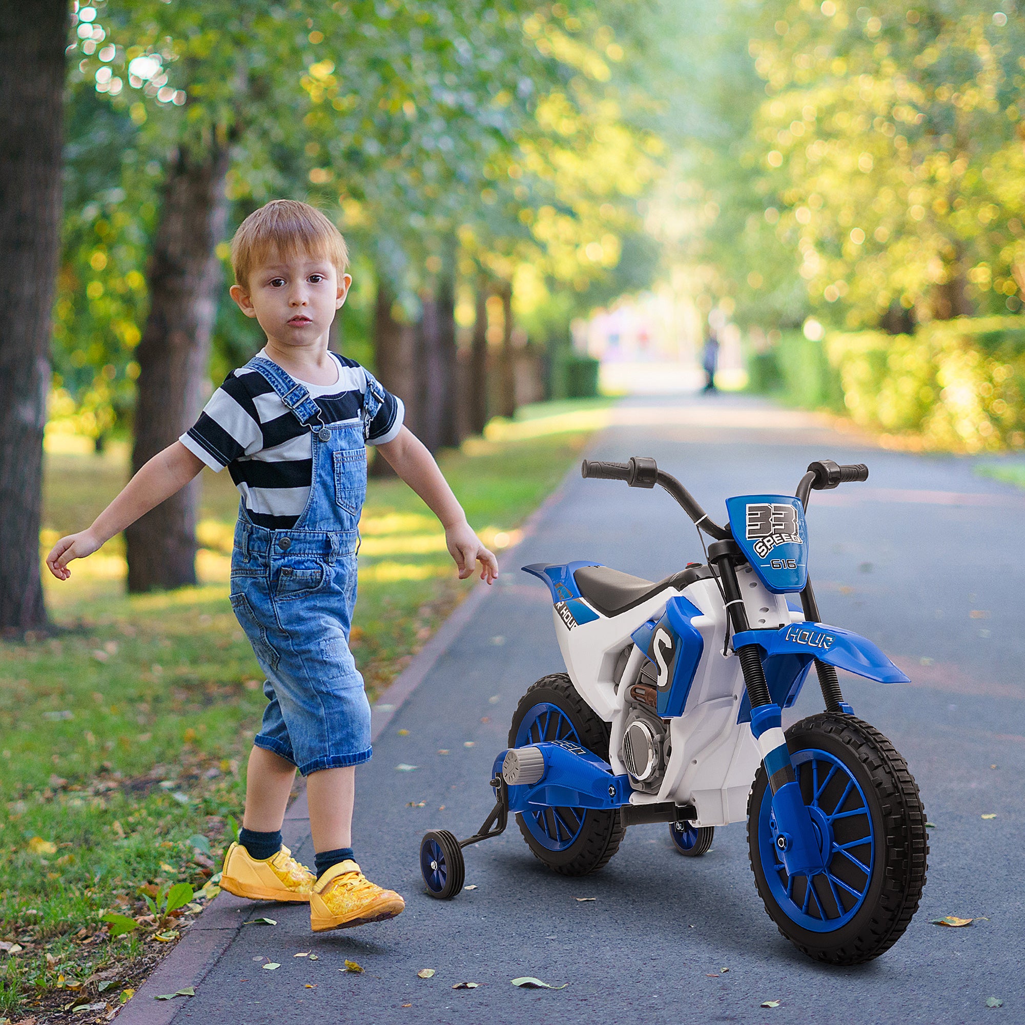Kids Electric Motorbike Children's Motorcycle 12V Kids Vehicle Electric Vehicle with 2 Removable Training Wheels for Kids 3+ Years PP Metal Blue+White 106.5 x 51.5 x 68 cm