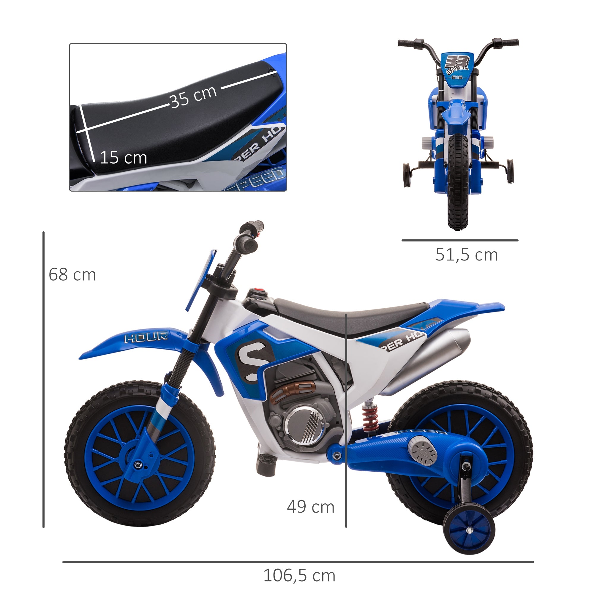 Kids Electric Motorbike Children's Motorcycle 12V Kids Vehicle Electric Vehicle with 2 Removable Training Wheels for Kids 3+ Years PP Metal Blue+White 106.5 x 51.5 x 68 cm