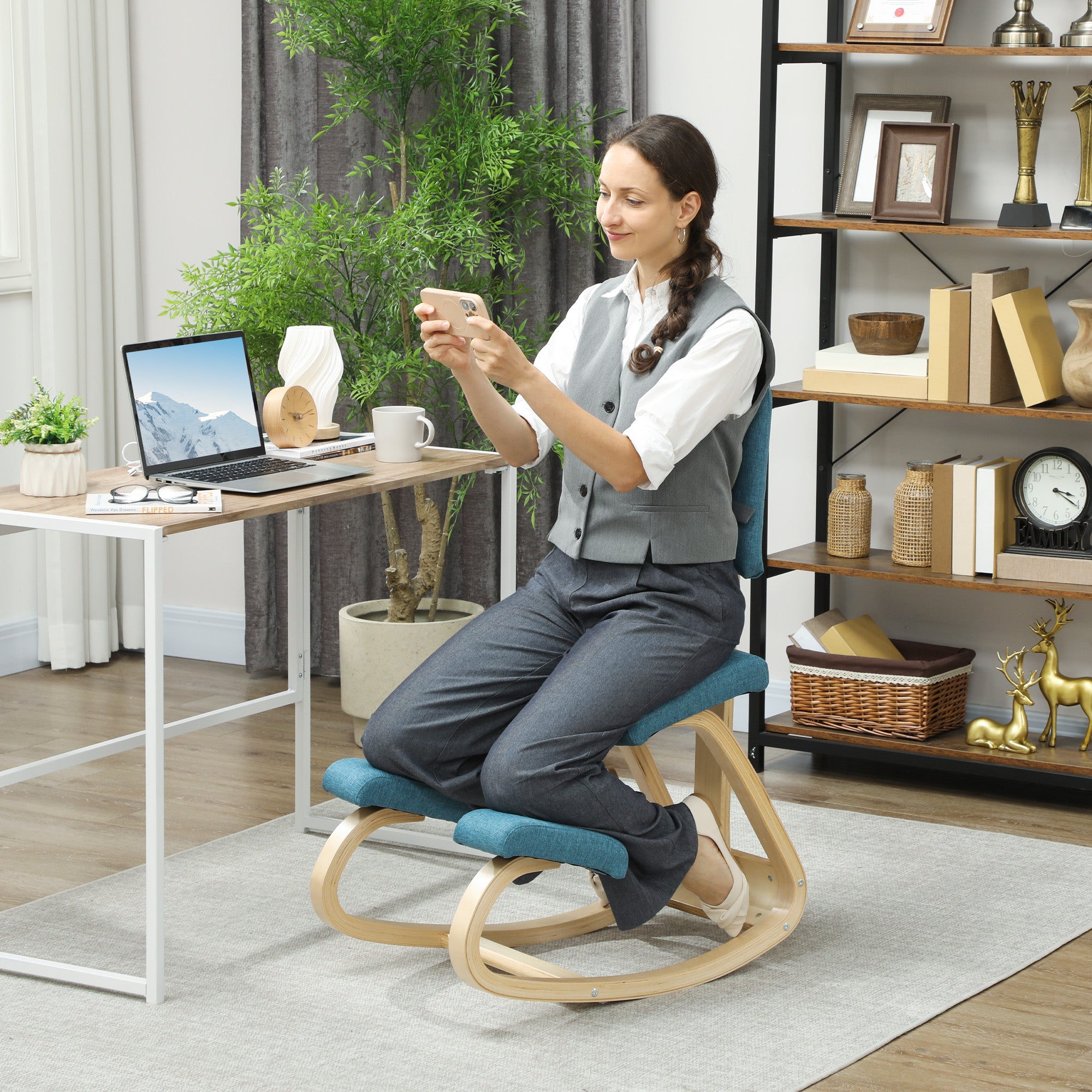 Ergonomic Kneeling Chair with Backrest — Birch Wood Office & Meditation Stool (Dark Blue)