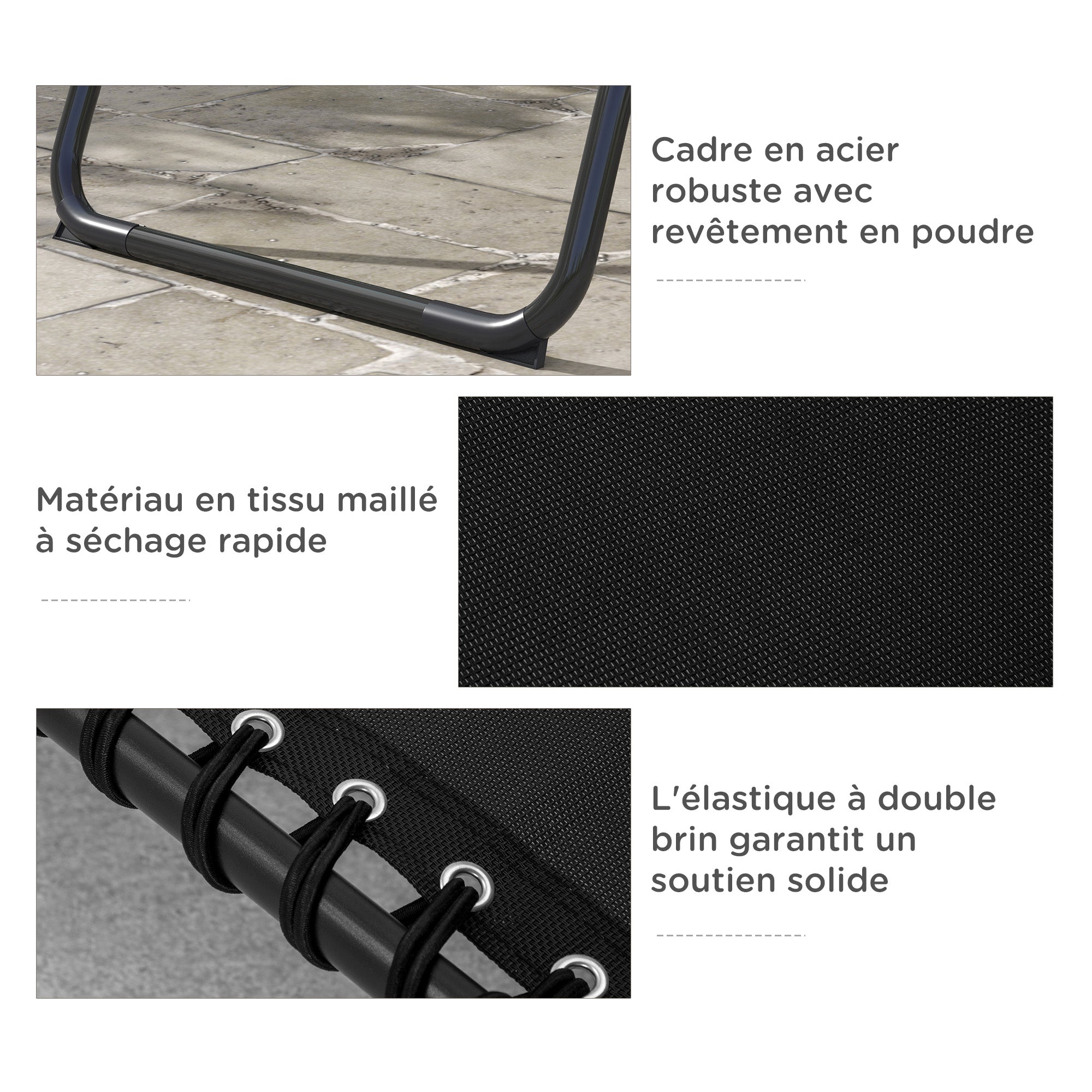 Set of 2 Sun Loungers Adjustable Chair Multi-Positions Static Steel Elastic Cords Black Black Textilene