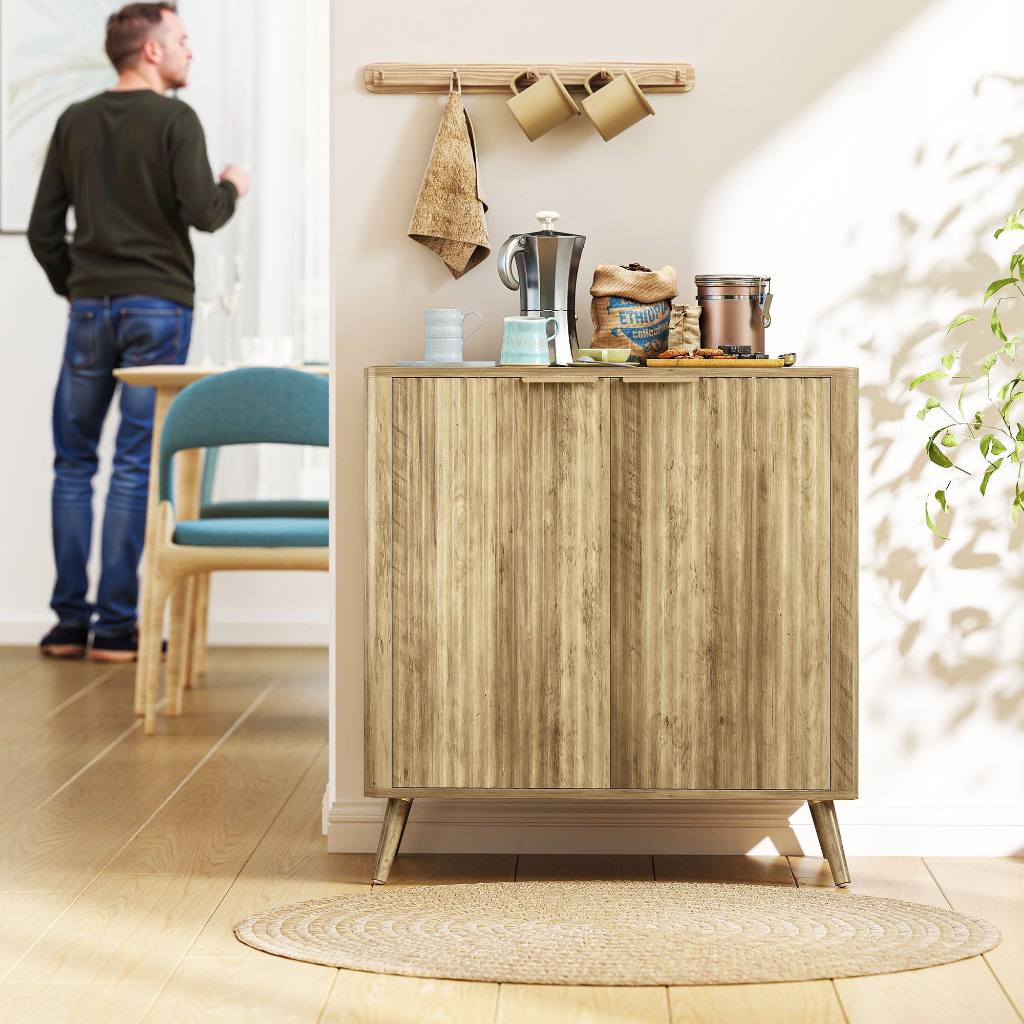 Modern Style Ribbed Buffet Cabinet Storage Sideboard with 2-Door Cabinet and Adjustable Shelf - Dining Room and Living Room Buffet, 77 x 40 x 81 cm, Oak